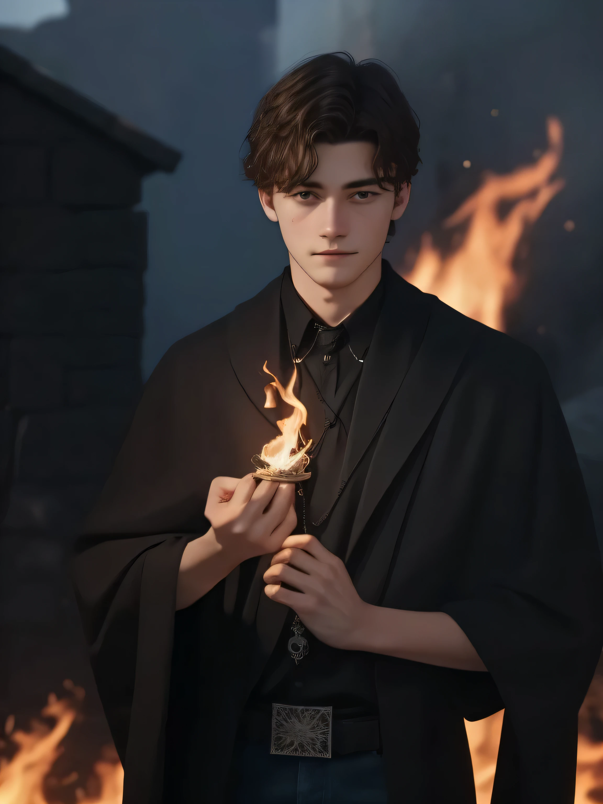 kinder face, younger person, looks -18 years olin the background there is a solid black stone wall, on the neck there is a medallion on a long chain, two hands cupped, there is a lot of fire burning in my hands