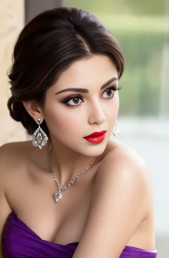 Lebanese woman, diamond dangling earrings, necklace, bracelets, small breasts, 40 years old, smokey eyes, cleavages, red lips, innocent face, purple fashion strapless ball gown, stylish hairstyle, posing, modeling, off-shoulder