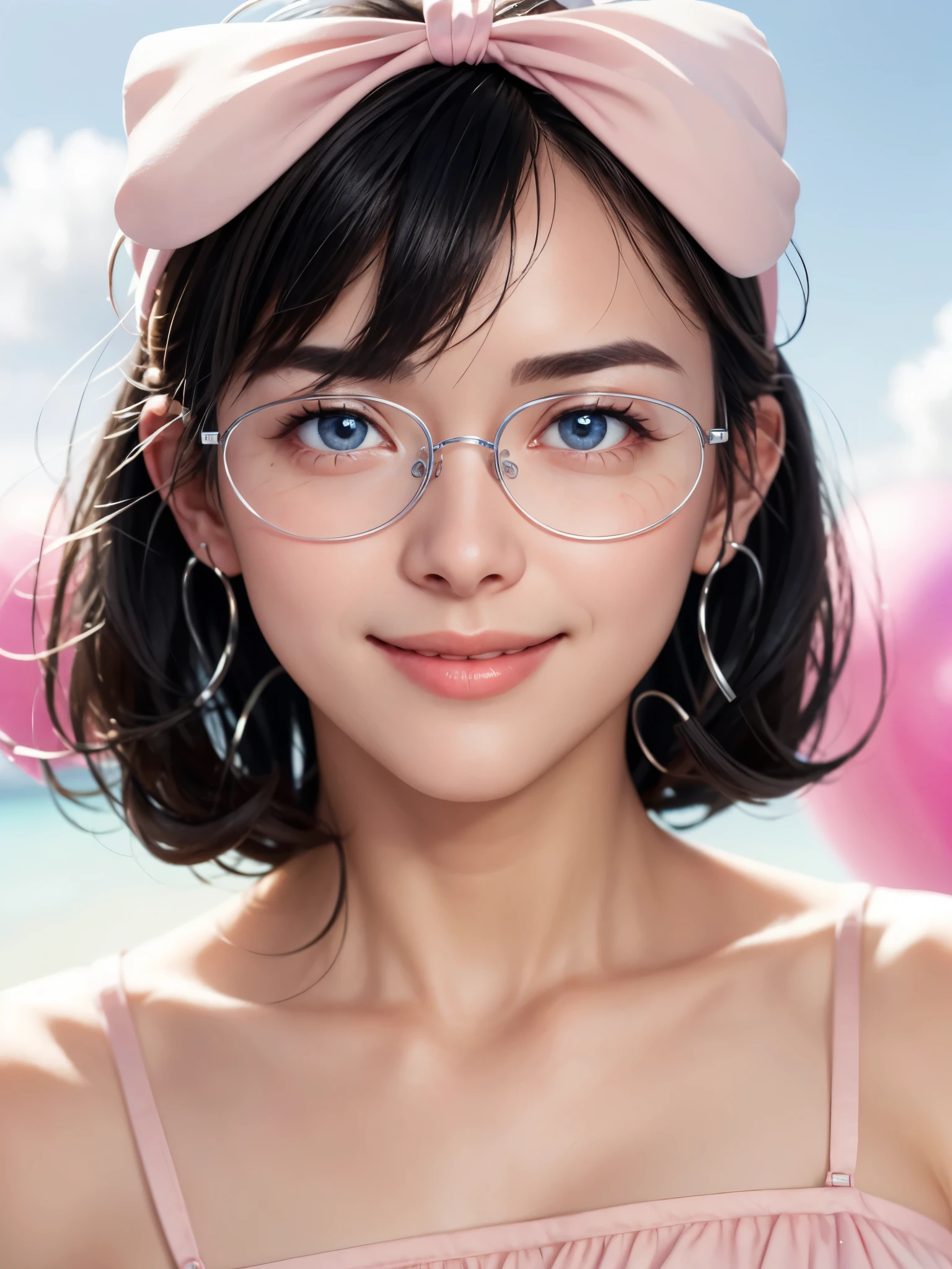 girl, Blue sky and white clouds, wearing silver glasses, happy, happy, cheeks flushed, black hair, Wearing a pink bow headband, perfect quality, clear focus (clutter - home: 0.8), (masterpiece: 1.2) (actual: 1.2) (Bokeh) (best quality) (Delicate skin: 1.3) (intricate details) (8K) (Detailed eyes) (sharp focus), (happy)