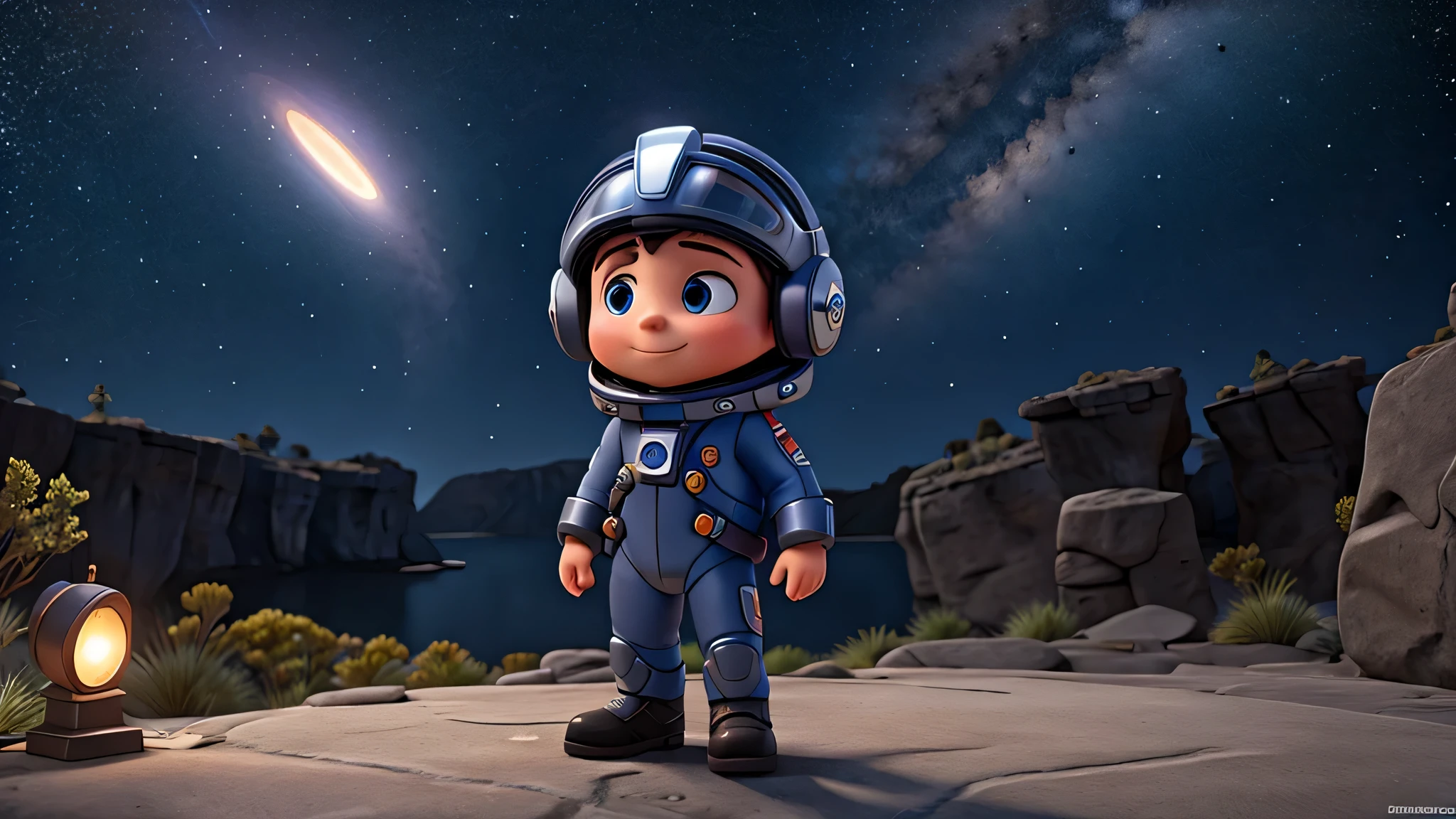 An adventurous space explorer with a silver spacesuit, adorned with constellations. His helmet has a holographic display of distant galaxies. Nemo carries a telescope that reveals hidden wonders in the night sky, making bedtime stories an interstellar journey.