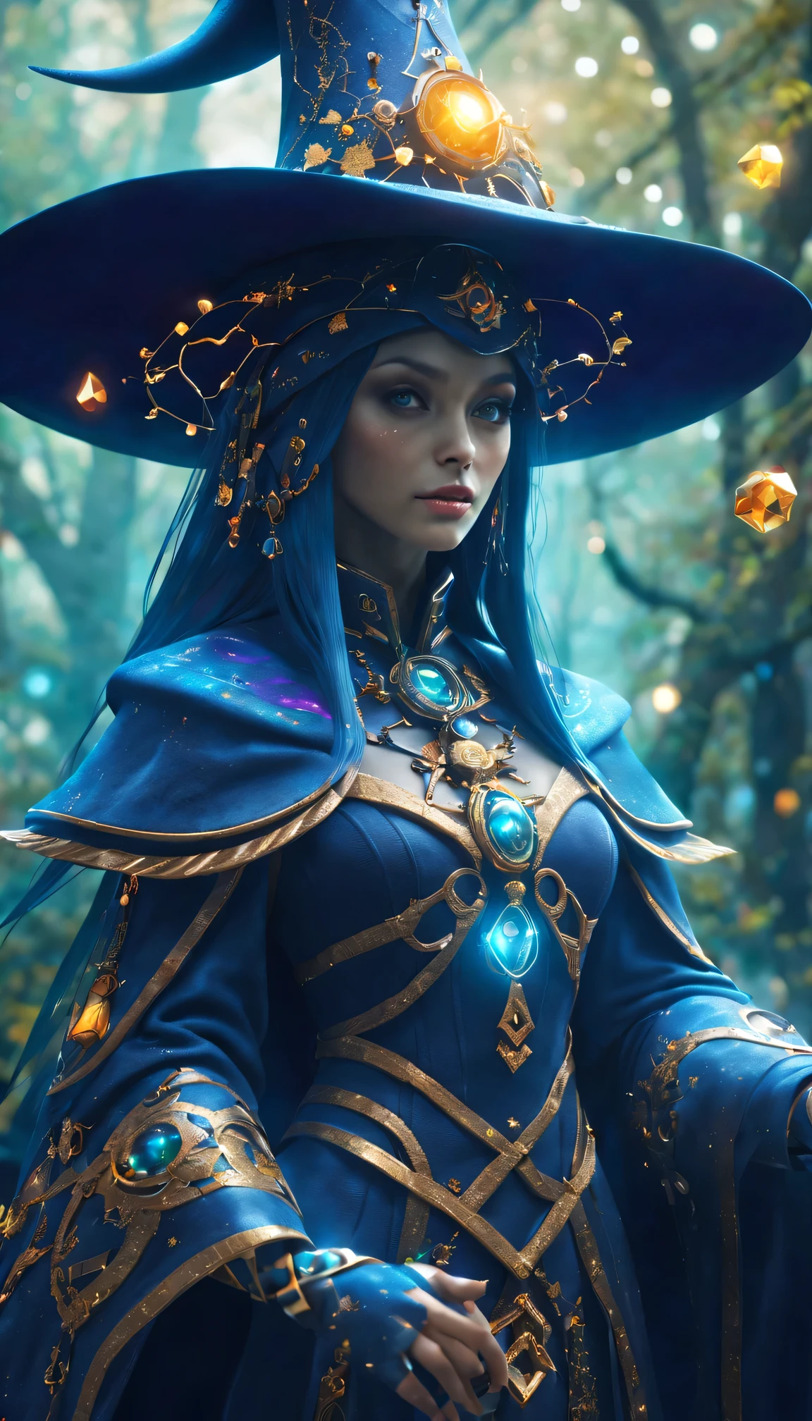 Futuristic robot witch in the enchanted forest、(witch hat)、cybernetic enhancement、(Mechanical edge structure、cloak，upper body portrait，Create a mysterious and charming atmosphere，Glittering symbols and runes、Sparkling magic gemstones、sparkling magic book、mist、strong color palette，（best quality，4K，8k，masterpiece：1.2），Super detailed，（lifelike，照片lifelike，The photos are real：1.37），human development report，ultra high definition，studio lighting，Super beautiful paintings，clear focus，Physically based rendering，extremely detailed description，main，bright colors