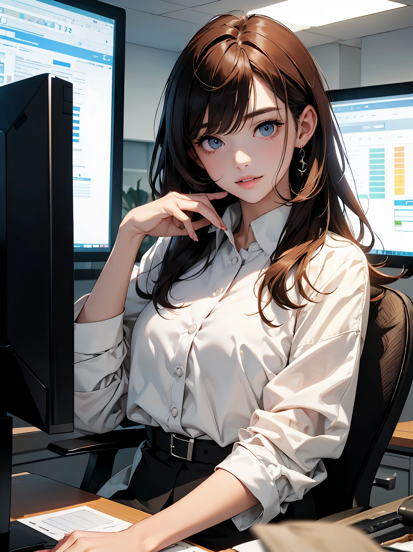 masterpiece、High resolution 8K、NSFW、sharp focus、contrast lighting、fine skin、debris flies、 highest quality、ultra high resolution、ultra high resolution、Detailed CG、stock exchange、large office room、lots of big monitors、desk computer、transaction、document、stock、chart screen、Horizontal focus male office lady、woman sitting on a chair、beautiful eyes、(detailed face and iace:1 2)、narrow eyes、almond eye、black eye、Eye gradation eye highlight:1.2)、(bright reddish brown hair、middle、asymmetrical bangs)、(ID card、Blazers for office wear shortage、white cutter shirt、black pencil skirt、pumps)、(plump lips、gross、glossy lips、small chest size) 、(oval face : 1.4)、(thin fingered arms、detailed human hand)、half-open smile、teeth visible