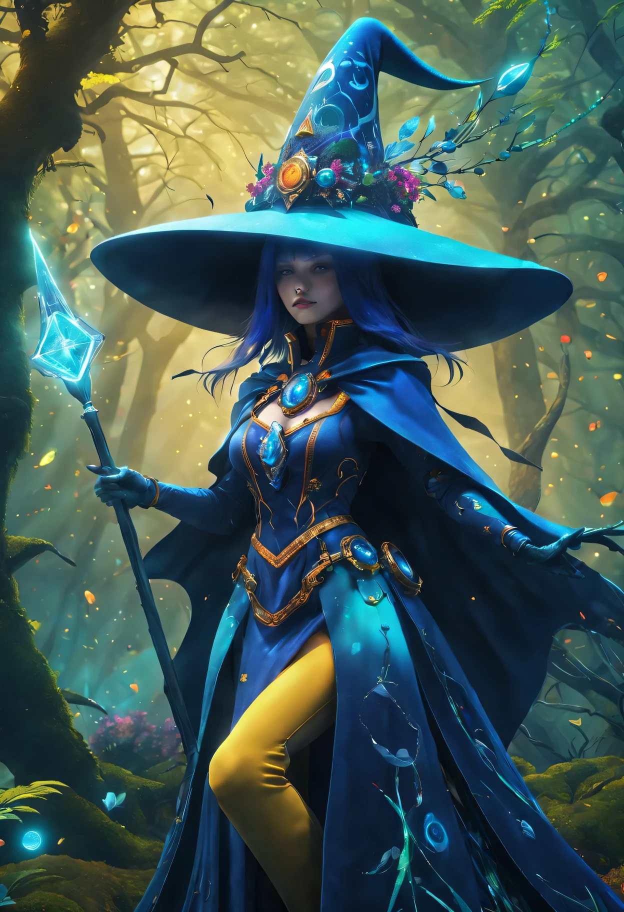 Futuristic robot witch in the enchanted forest、(witch hat)、cybernetic enhancement、(Mechanical edge structure、cloak,upper body portrait,Create a mysterious and charming atmosphere,Glittering symbols and runes、Sparkling magic gemstones、sparkling magic book、mist、strong color palette,(best quality,4K,8k,masterpiece:1.2),Super detailed,(lifelike,照片lifelike,The photos are real:1.37),human development report,ultra high definition,studio lighting,Super beautiful paintings,clear focus,Physically based rendering,extremely detailed description,main,bright colors