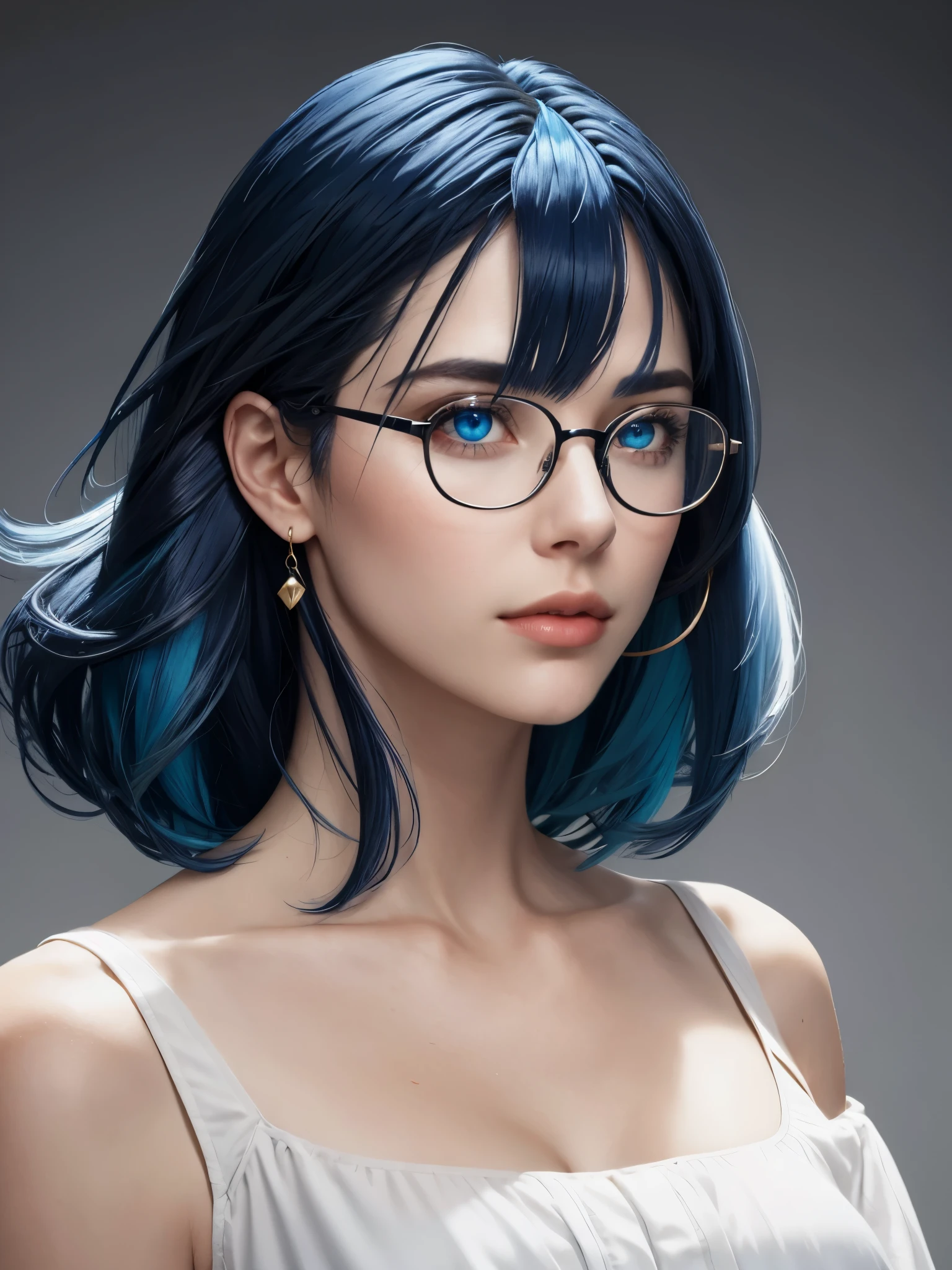 8k wallpaper, masterpiece, movie lighting, best quality, illustration, dramatic angle, ((color: 1.1)), ((color inner hair: 1.4)), 1 girl, alone, long hair, water, blue eyes, black glasses, collar, open, white collar, liquid hair, black hair, Bangs, from side, side, Upper body,  background, gray background, shoulder, portrait, looking at the audience, white dress, hair between eyes, White background, earrings,