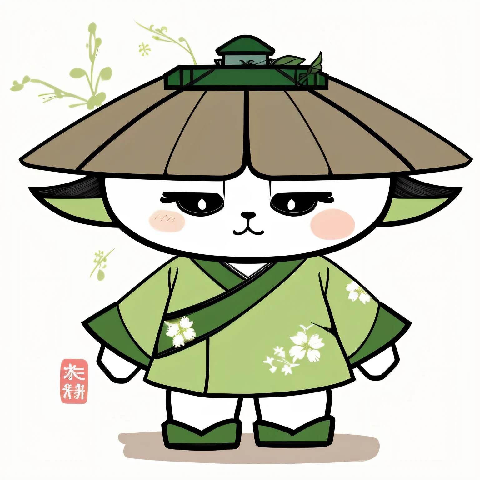Girl character wearing green kimono, kawaii yoda, inspired by《Qiu Wen Tianjiang》, inspired by渡边正廷, inspired by竹久梦二, Japanese mascot, kawaii yoda icon, inspired by斋写乐, inspired by武山小路实笃