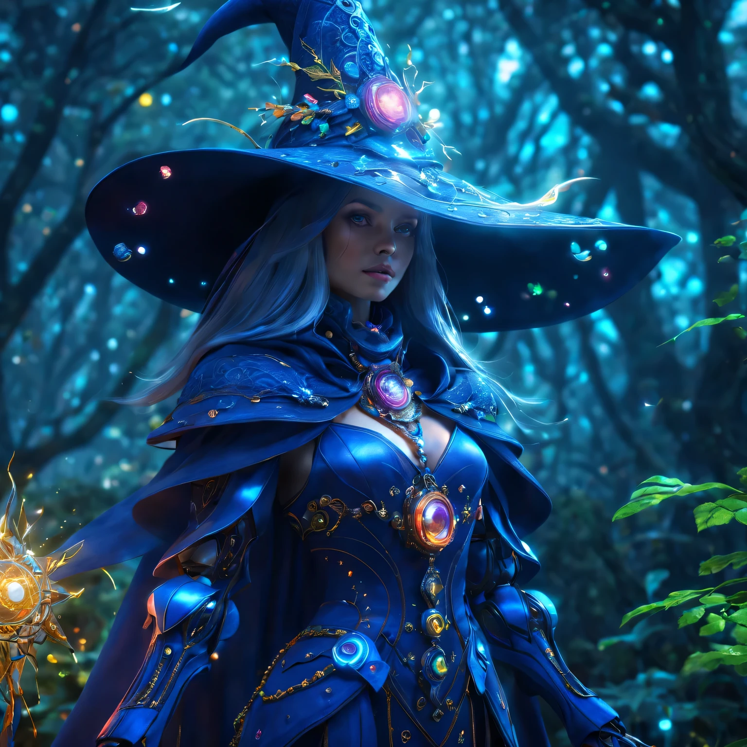Futuristic robot witch in the enchanted forest、(witch hat)、cybernetic enhancement、(Mechanical edge structure、cloak,upper body portrait,Create a mysterious and charming atmosphere,Glittering symbols and runes、Sparkling magic gemstones、sparkling magic book、mist、strong color palette,(best quality,4K,8k,masterpiece:1.2),Super detailed,(lifelike,照片lifelike,The photos are real:1.37),human development report,ultra high definition,studio lighting,Super beautiful paintings,clear focus,Physically based rendering,extremely detailed description,main,bright colors