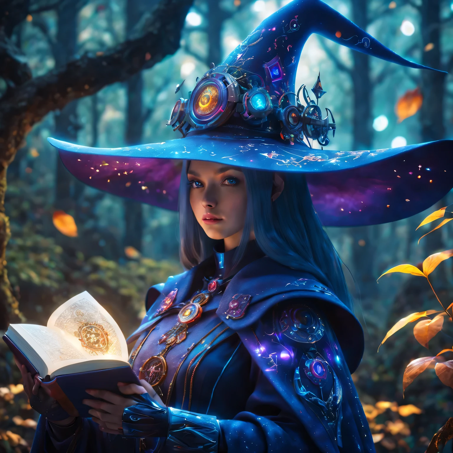 Futuristic robot witch in the enchanted forest、(witch hat)、cybernetic enhancement、(Mechanical edge structure、cloak,upper body portrait,Create a mysterious and charming atmosphere,Glittering symbols and runes、Sparkling magic gemstones、sparkling magic book、mist、strong color palette,(best quality,4K,8k,masterpiece:1.2),Super detailed,(lifelike,照片lifelike,The photos are real:1.37),human development report,ultra high definition,studio lighting,Super beautiful paintings,clear focus,Physically based rendering,extremely detailed description,main,bright colors