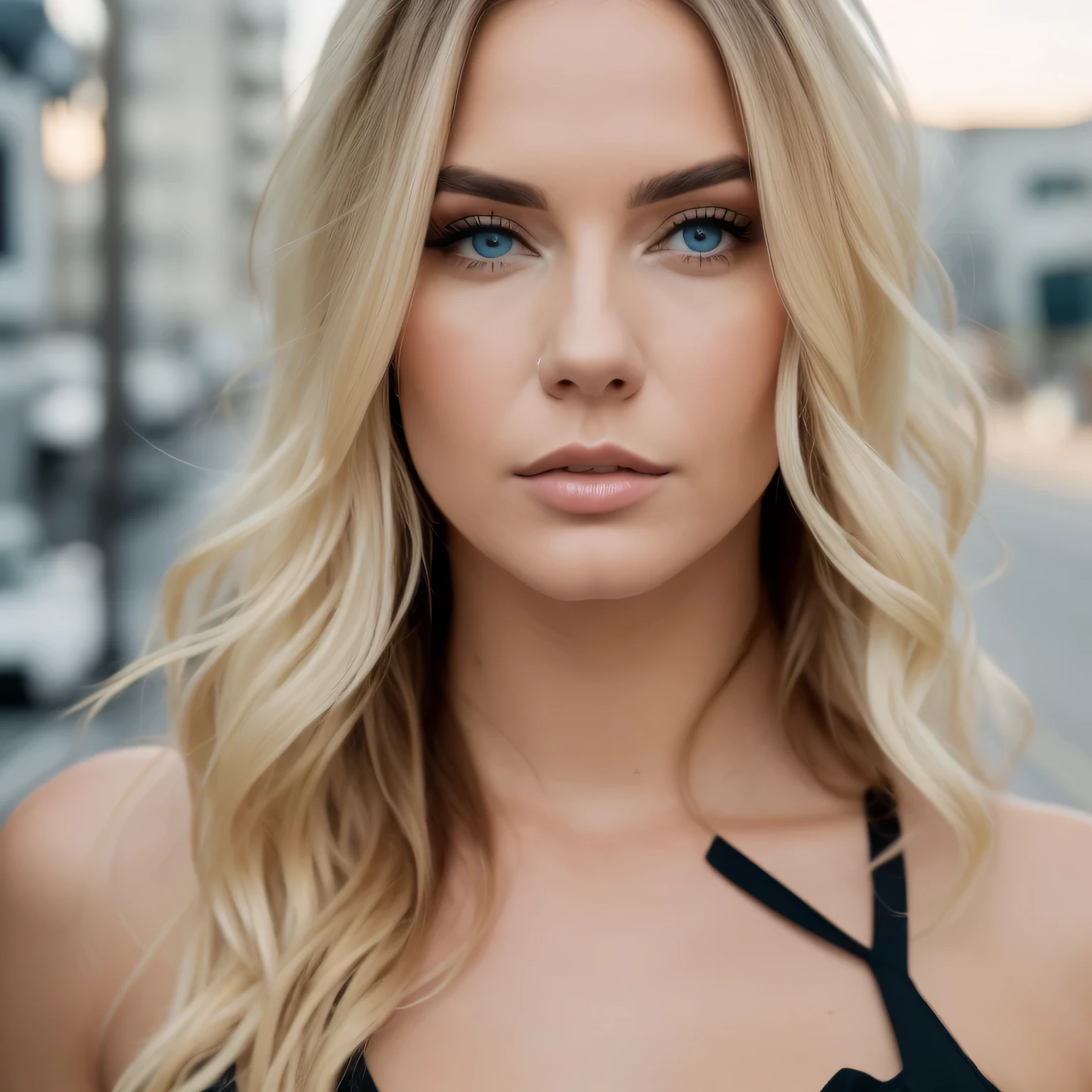 blond woman with blue eyes and long blond hair posing for a picture standing in the middle of the road with high rise buildings in the background. 8K