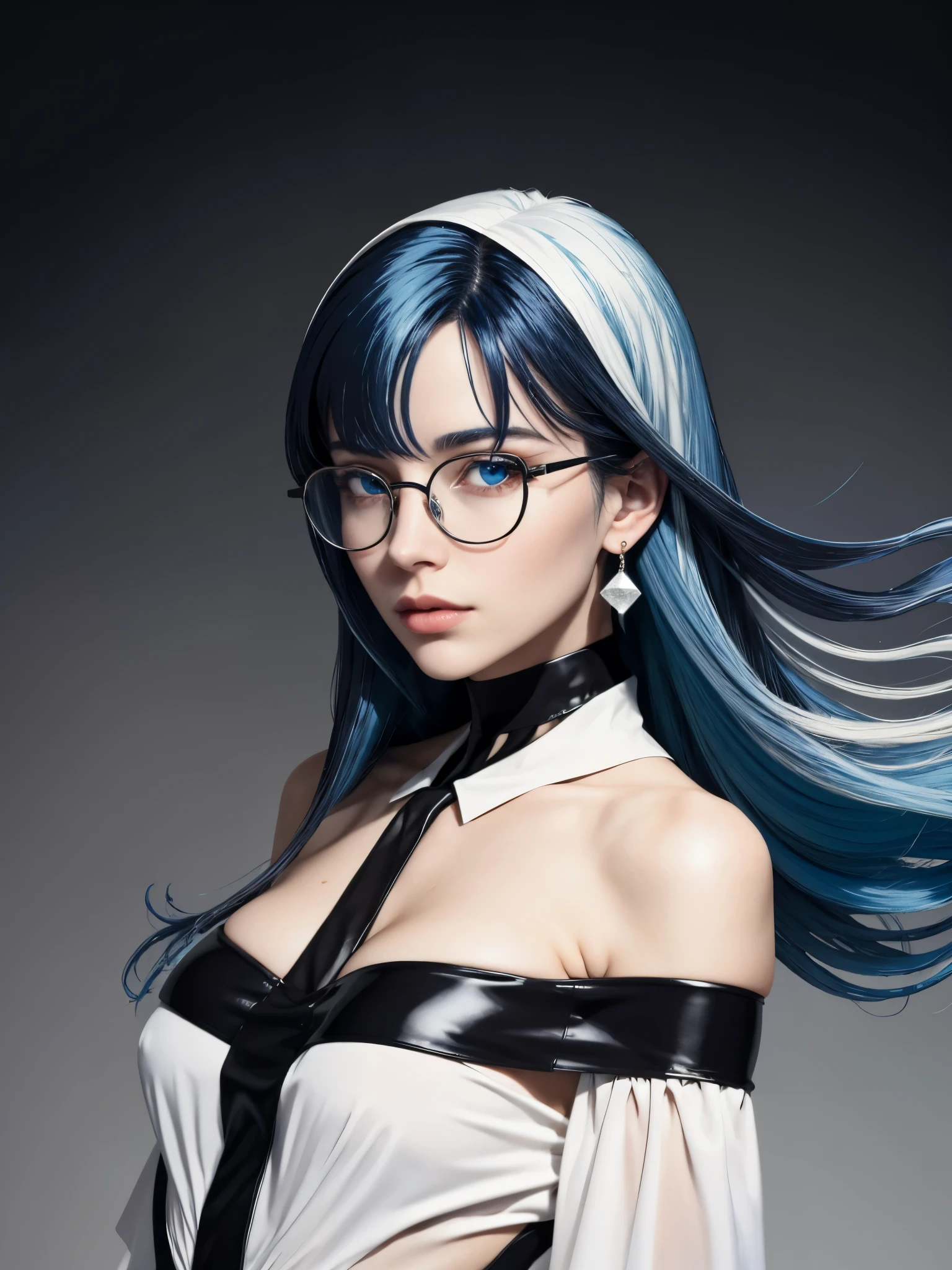 8k wallpaper, masterpiece, movie lighting, best quality, illustration, dramatic angle, ((color: 1.1)), ((color inner hair: 1.4)), 1 girl, alone, long hair, water, blue eyes, black glasses, collar, open, white collar, liquid hair, black hair, Bangs, from side, side, Upper body,  background, gray background, shoulder, portrait, looking at the audience, white dress, hair between eyes, White background, earrings,