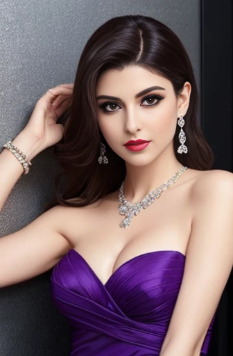 Lebanese woman, diamond dangling earrings, necklace, bracelets, small breasts, 40 years old, smokey eyes, cleavages, red lips, innocent face, purple fashion strapless ball gown, stylish hairstyle, posing, modeling, off-shoulder