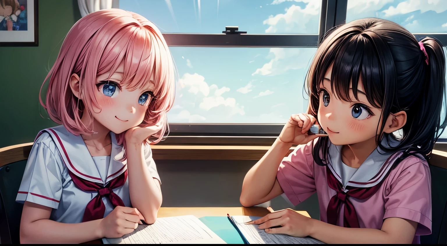 two KINDERGARTEN pupils, a boy and a girl, the age of 4, sitting next to each other, at table half upper body, holding PINK CRAYON happy faces, both smiling, expressing appreciation for the pink color, delighted expression, emphasizing the beauty of the chosen color. cute anime cartoon style, with a contemplative pose, cute anime cartoon style, wearing beautiful school uniform ,and holding coloring books. The image is in high definition at 4k resolution, with highly-detailed facial features and cartoon-style visuals.