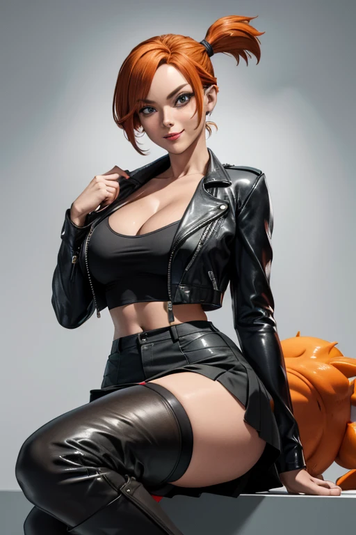 Pose de modelo sexy, obra de arte, melhor qualidade, high resolution, 1 garota, (Pokémon), cabelo laranja, Sozinho, rabo de cavalo lateral, Athletic body, cabelo laranja, barriga, black shirt, cleavage, leather jacket, open jacket, leather skirt, knee-high black leather boots, umbigo, cabelo curto, sorriso, seios grandes, tiro de corpo inteiro, na cidade, high resolution, very high resolution, 1080P, 4k, 8k, 16k, muito detalhado, realista, 8k, Cinema 4D, Arte extremamente detalhado, [ Arte Digital 4K ]