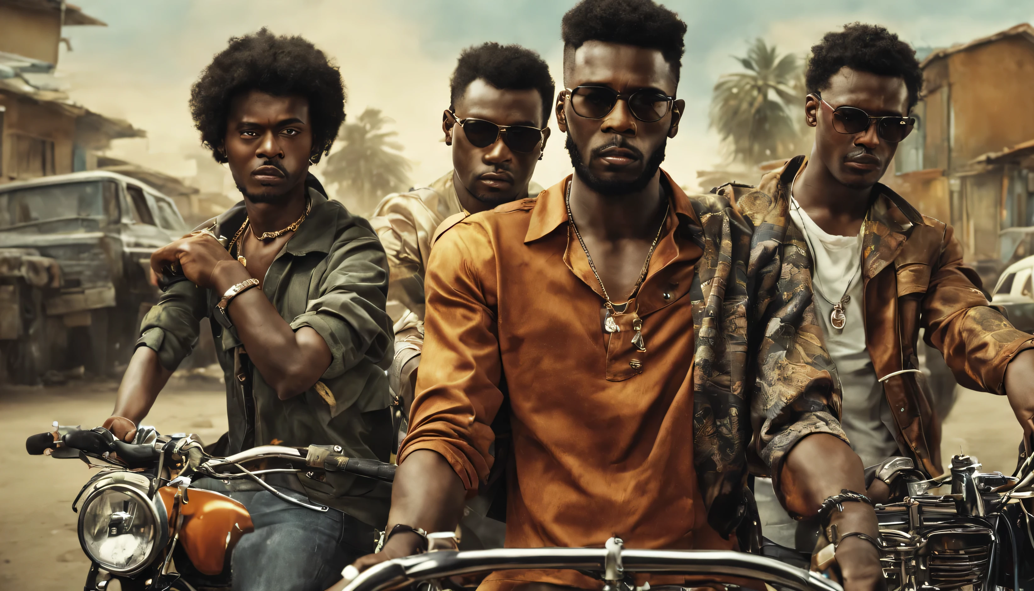Movie poster, three handsome african gangster males, shaggy hair, each with their bicycle, stylish clothes, ghetto neighbourhood, cars, money, jewellery