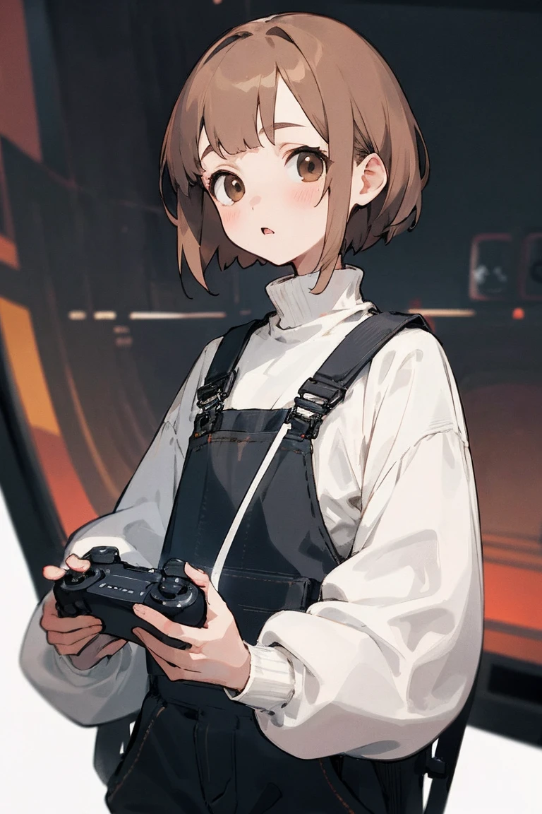 1 girl,detailed details,light brown hair,short head hair,Hairstyle with visible ears、brown eyes,fine,bright,White turtleneck、long sleeve,Game Controller,Ministry,tv set,Black overalls,Normal milk