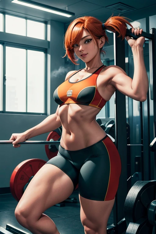 Pose de modelo sexy, obra de arte, melhor qualidade, high resolution, 1 garota, (Pokémon), cabelo laranja, Sozinho, shorts legging , rabo de cavalo lateral, Athletic body, cabelo laranja, barriga, sport bra, umbigo, cabelo curto, sorriso, seios grandes, tiro de corpo inteiro, in the gym weight machines, gym, high resolution, very high resolution, 1080P, 4k, 8k, 16k, muito detalhado, realista, 8k, Cinema 4D, Arte extremamente detalhado, [ Arte Digital 4K ]