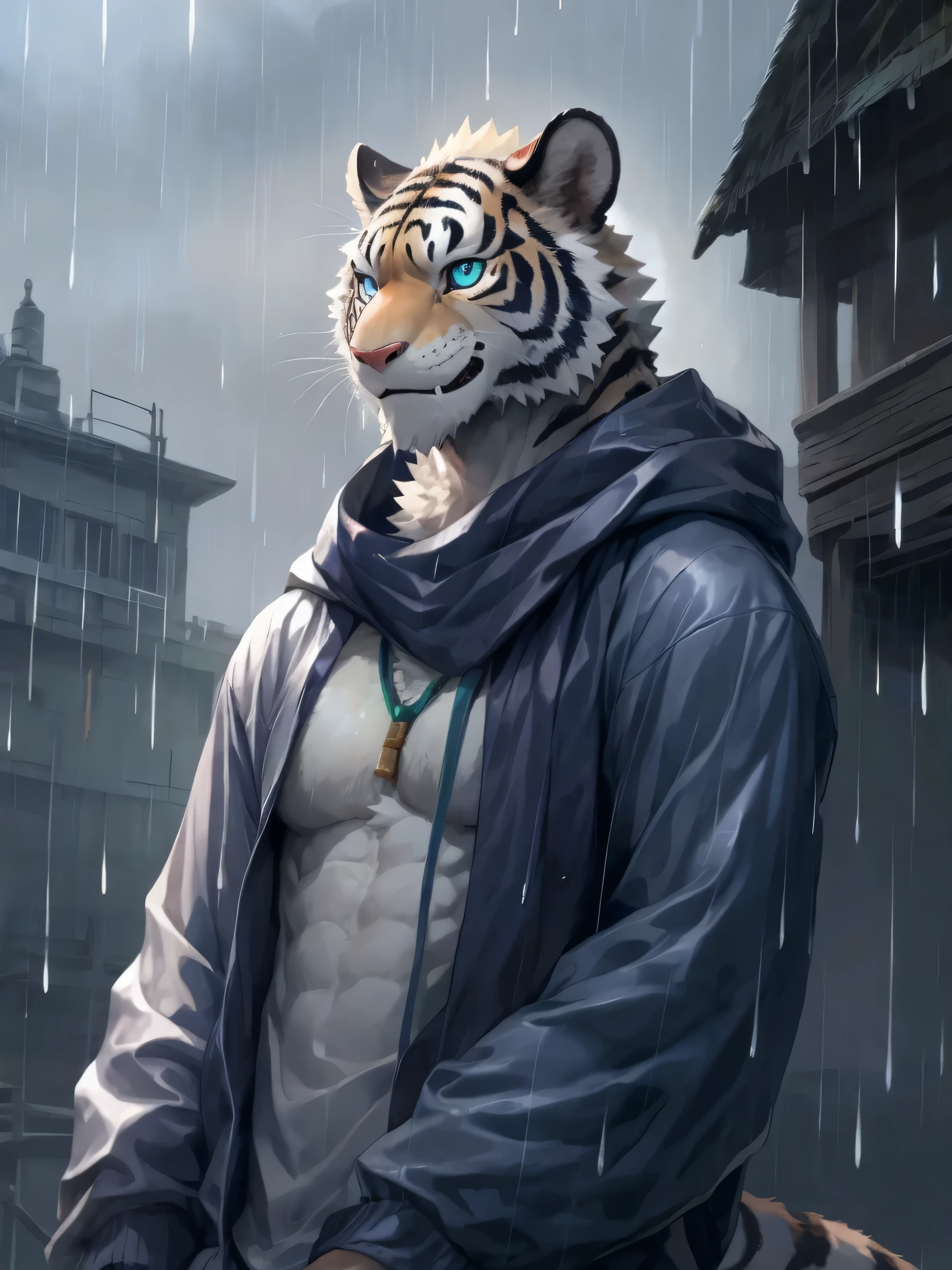 masterpiece,best quality,perfect anatomy,(bright eyes:0.9),(blue eyes:0.9),by t.y.stars,by null-ghost,by k0bit0wani,furry,(felis:0.7),(canine:0.2),male,solo,baggy clothing,(smile:0.95),gentle,lateral body,look at the sky,rain,(waterdrop:0.9),raining,(fog:0.35),detailed background,headshot,white tiger,white fur, looking at viewer