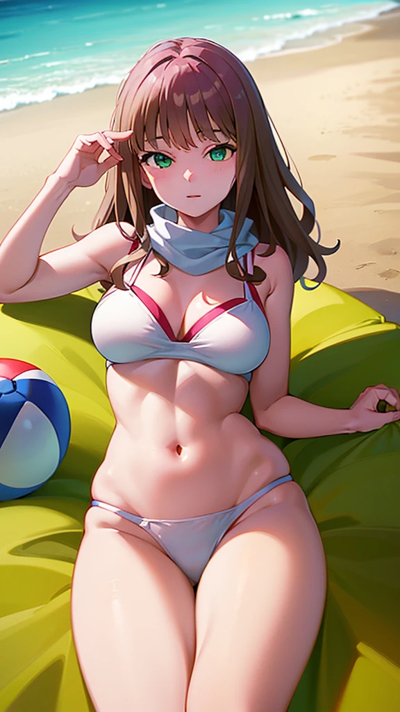 masterpiece, best quality, 1 solo girl, brown hair, green eyes, long hair, medium breasts, mature body and face, wavy hair, white bikini, scarf, beach, white sand, beach ball, summer, leg up, cowboy shots, detailed body, face, and eyes, sharp focus, vibrant, creative, dynamic, high definition, high resolution, 8k, (Upscale: R-ESRGAN 4x+ Anime6mage enchance:4x), voluptuous body, lying at the sand