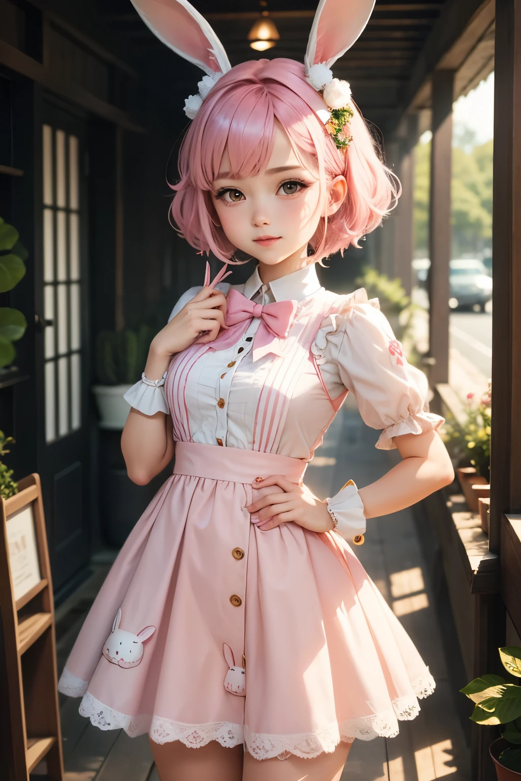 Cute girl, Girl dressed as a bunny, Long eared, white rabbit, Short pink hair