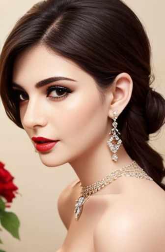 Lebanese woman, diamond dangling earrings, necklace, bracelets, small breasts, 40 years old, smokey eyes, cleavages, red lips, innocent face, red fashion strapless ball gown, stylish hairstyle, posing, modeling, off-shoulder