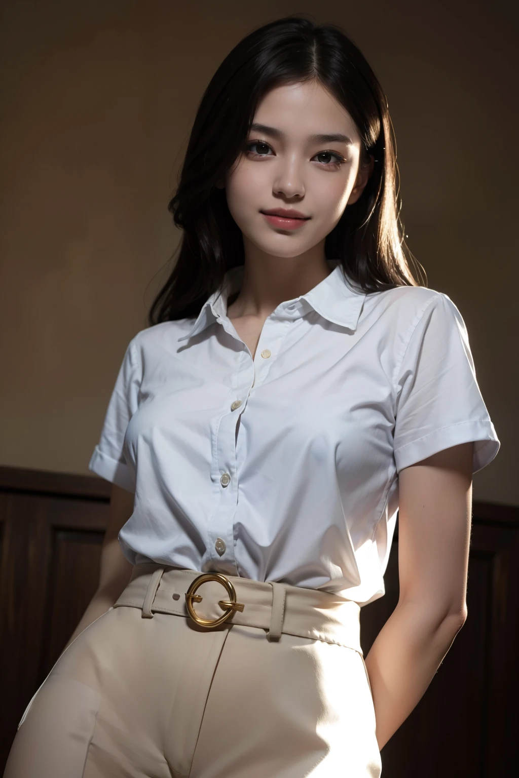 best quality, masterpiece, (photorealistic:1.4), 1girl, light smile, shirt with collars, waist up, dramatic lighting, from below
