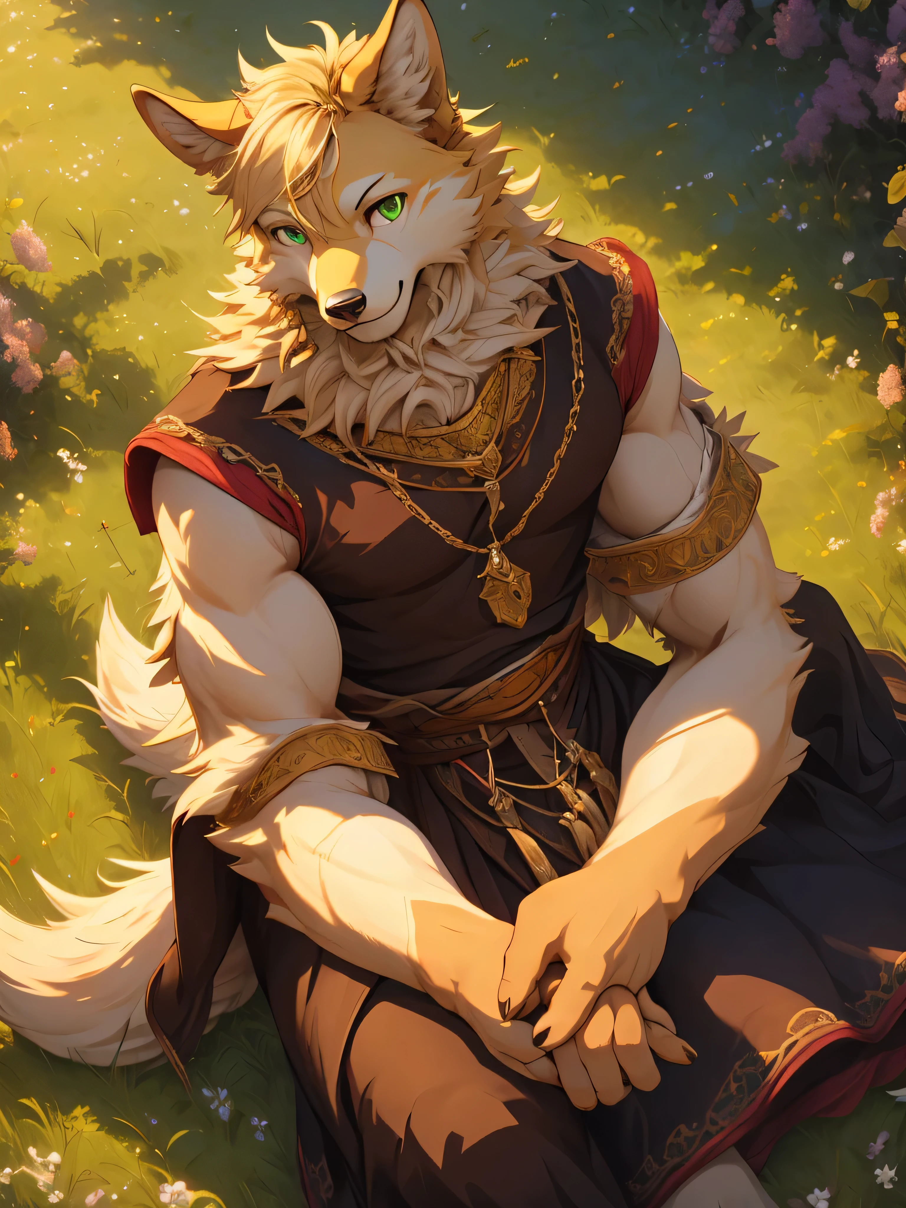 Furry,solo,golden breed dog,white fur,green eyes,Muscular 1.4,Tilt your head slightly 1.5,Wear medieval clothing 1.6,He was sitting in the meadow.,high angle view,Gold comes straight at the viewer.,Evening,sparkling eyes,seductive eyes,The best details,HDR,8k
