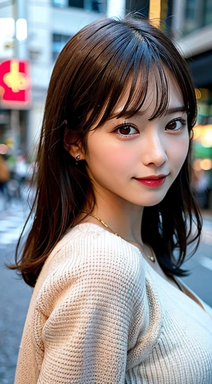 best quality, ultra high res, (photorealistic: 1.4), (photorealistic:1.4), (RAW photo:1.2), (8k), masterpiece, best quality, symmetrical, High detail RAW color photo professional close photograph, (highly detail face: 1.1), (wide shot:1.1), solo focus, selfee, high detailed eyes, 1girl, japanese beautiful girl, slender nose, thin lips, funny smile, happy, beautiful teeth, black middle hair, gold necklace, crew neckline, huge breasts, (office lady:1.1), hand bag, night, long sleeve, standing in the night district of Shibuya, middle of the road,
