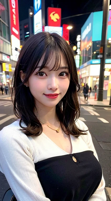 best quality, ultra high res, (photorealistic: 1.4), (photorealistic:1.4), (RAW photo:1.2), (8k), masterpiece, best quality, symmetrical, High detail RAW color photo professional close photograph, (highly detail face: 1.1), (wide shot:1.1), solo focus, selfee, high detailed eyes, 1girl, japanese beautiful girl, slender nose, thin lips, funny smile, happy, beautiful teeth, black middle hair, gold necklace, crew neckline, huge breasts, (office lady:1.1), hand bag, night, long sleeve, standing in the night district of Shibuya, middle of the road,