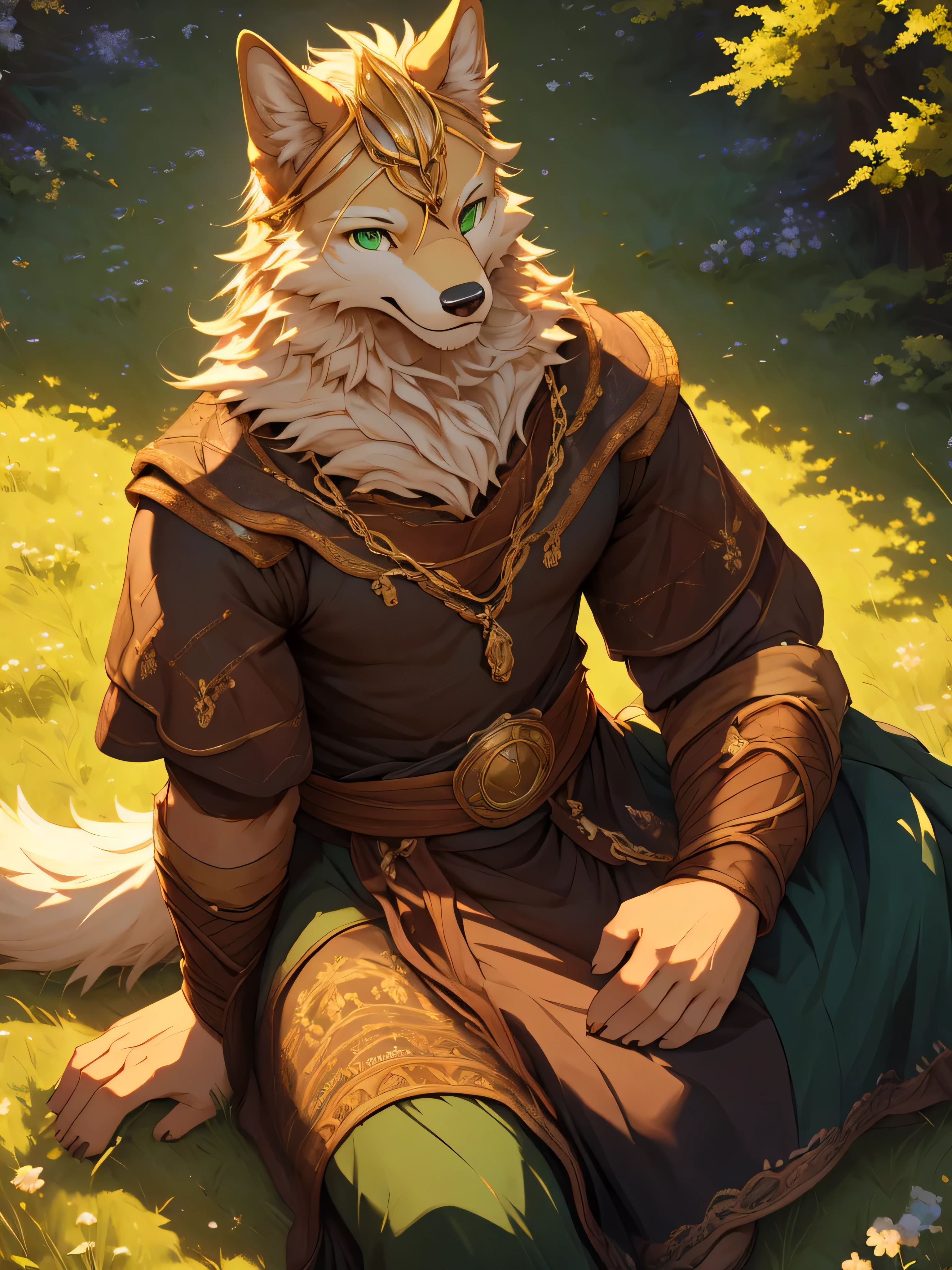 Furry,solo,golden breed dog,white fur,green eyes,Muscular 1.4,Tilt your head slightly 1.5,Wear medieval clothing 1.6,He was sitting in the meadow.,high angle view,Gold comes straight at the viewer.,Evening,sparkling eyes,seductive eyes,The best details,HDR,8k