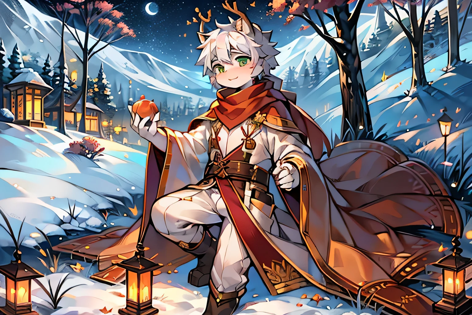 young man, twink, (((male))), (((man))), (1guy), (((single))), (((solo))), (((grey hair))), (((silver eyes))), (medium short hair), (chin-length hair), wavy hair, slim body, ((flat chest)), (((fantasy style))), (((wearing fir branches in his hair))), (((holly leaves in his hair))), ((red berries in his hair)), red berries in hair, flowercrown, ((pointy ears)), (((silver colored eyes))), smooth skin, bare legs, revealing clothes, (((wearing twigs in his hair))), holly leaves, (mistletoes), ((nuts in hair)), gold details, winter, smiling, garden in the background, (fantasy palace in the background), snow in the background, in the background, sunny weather, ((relaxing)), ((sitting on a snowy rock))