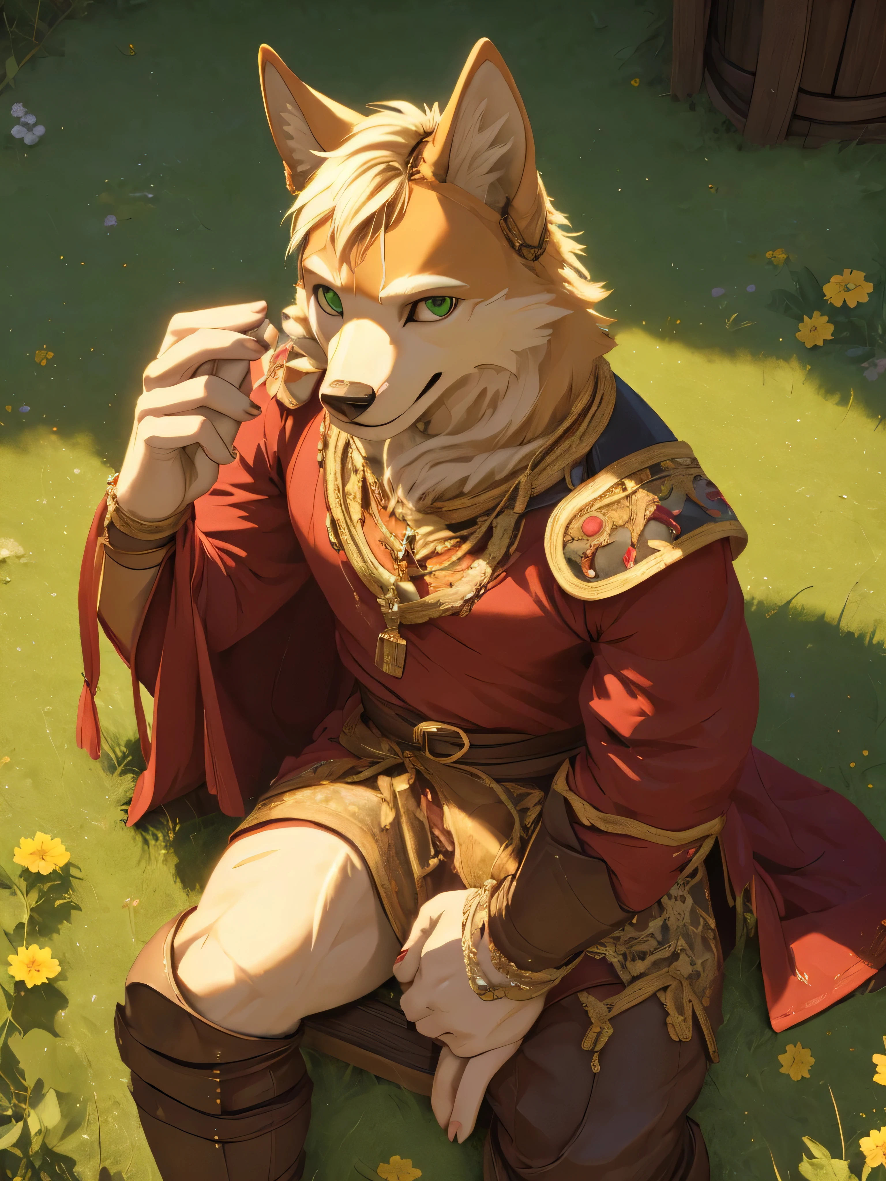 Furry,solo,golden breed dog,white fur,green eyes,Muscular 1.4,Tilt your head slightly 1.5,Wear medieval clothing 1.6,He was sitting in the meadow.,high angle view,Gold comes straight at the viewer.,Evening,sparkling eyes,seductive eyes,The best details,HDR,8k