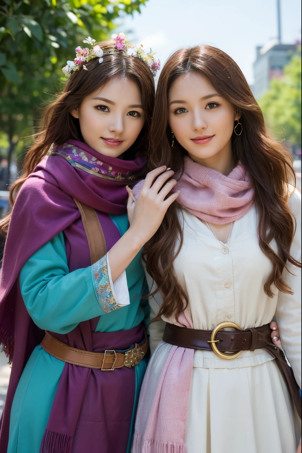 2girls, curious, fearless, smiling, wavy brown hair, dressed in colorful clothes and a magical scarf, next to the old fairy queen,​masterpiece, top-quality,raw photograph, top-quality, Official Art ,the Extremely Detailed CG Unity 8K Wallpapers, 