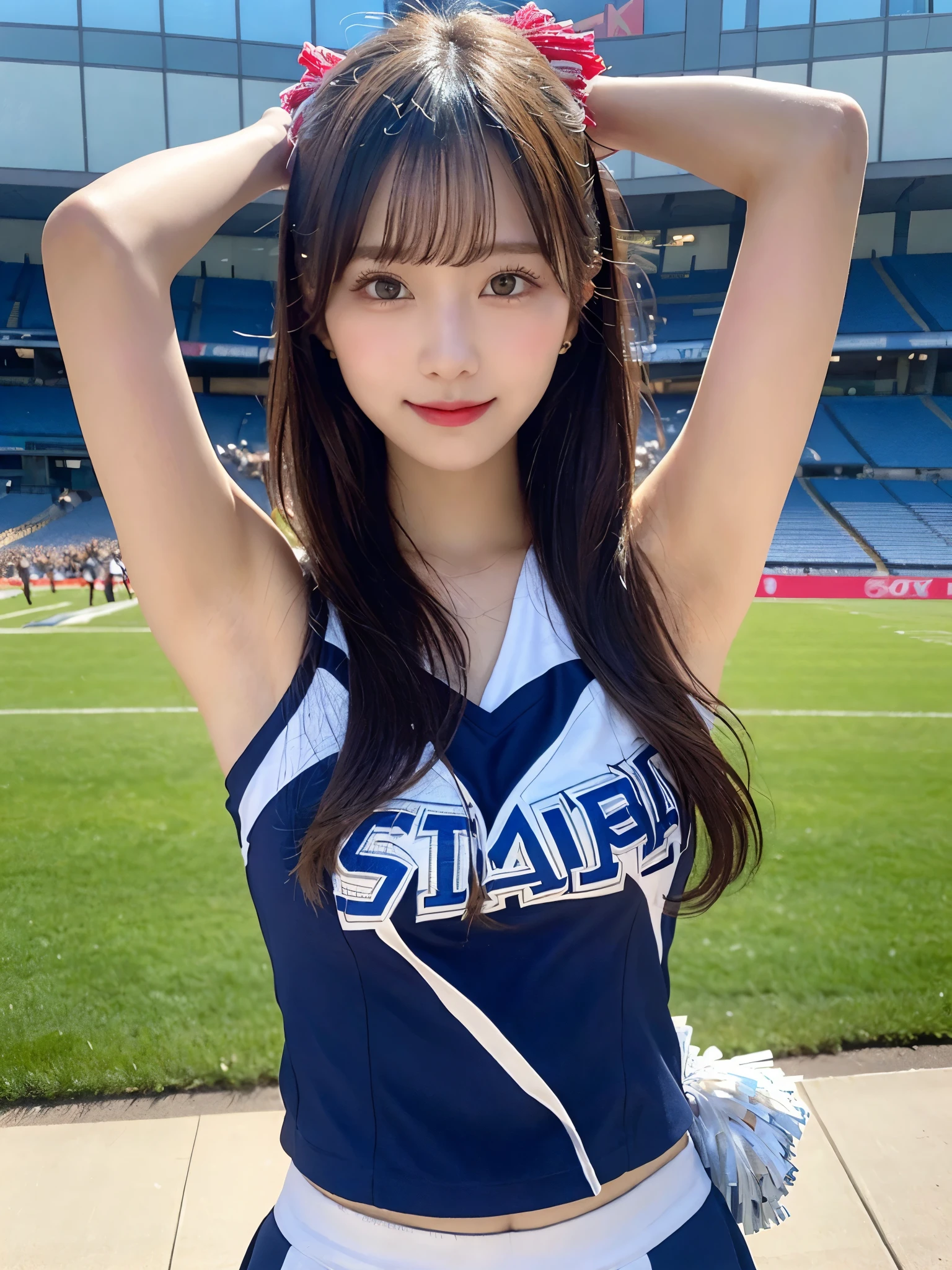 muste piece, highest quality, illustration, super detailed, finely, High resolution, 8k wallpaper, perfect dynamic composition, detailed and beautiful eyes,medium hair,small breasts natural color lip, bold sexy pose,smile,Harajuku、20 year old girl、cute、sexy shot looking at camera、ponytail , whole body((realistic lighting, highest quality, 8K, masterpiece: 1.3)), clear focus: 1.2, 1 girl, perfect figure: 1.4,(Cheerleader:1.3),(outdoor:1.5),(View armpits:1.5),(stadium:1.1),(cheer dance:1.3) super fine face, fine eyes, double eyelid,smile