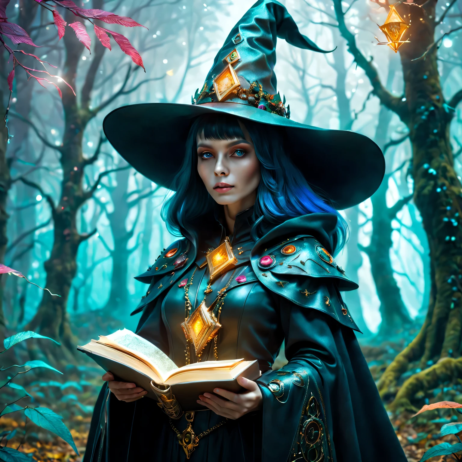 Futuristic robot witch in the enchanted forest、(witch hat)、cybernetic enhancement、(Mechanical edge structure、cloak,upper body portrait,Create a mysterious and charming atmosphere,Glittering symbols and runes、Sparkling magic gemstones、sparkling magic book、mist、strong color palette,(best quality,4K,8k,masterpiece:1.2),Super detailed,(lifelike,照片lifelike,The photos are real:1.37),human development report,ultra high definition,studio lighting,Super beautiful paintings,clear focus,Physically based rendering,extremely detailed description,main,bright colors