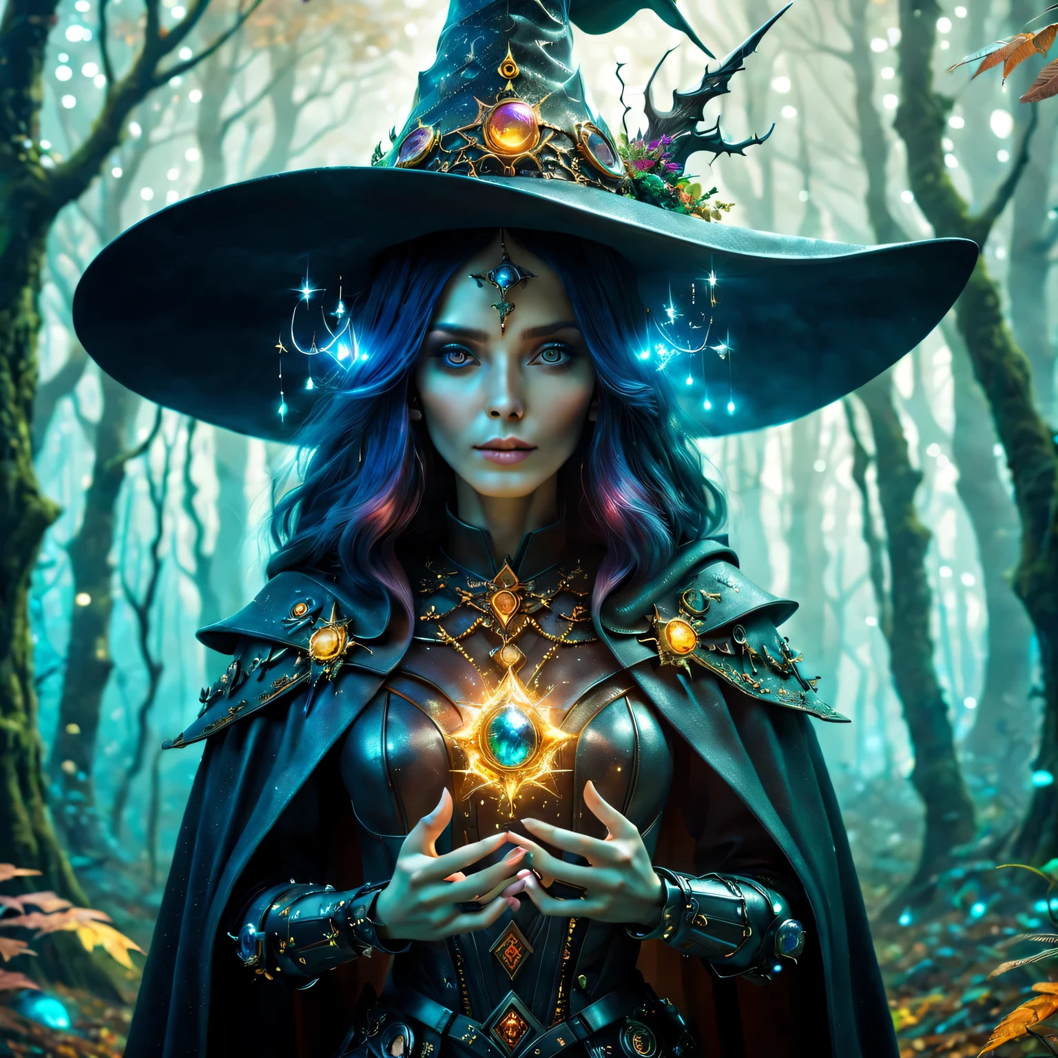 Futuristic robot witch in the enchanted forest、(witch hat)、cybernetic enhancement、(Mechanical edge structure、cloak,upper body portrait,Create a mysterious and charming atmosphere,Glittering symbols and runes、Sparkling magic gemstones、sparkling magic book、mist、strong color palette,(best quality,4K,8k,masterpiece:1.2),Super detailed,(lifelike,照片lifelike,The photos are real:1.37),human development report,ultra high definition,studio lighting,Super beautiful paintings,clear focus,Physically based rendering,extremely detailed description,main,bright colors