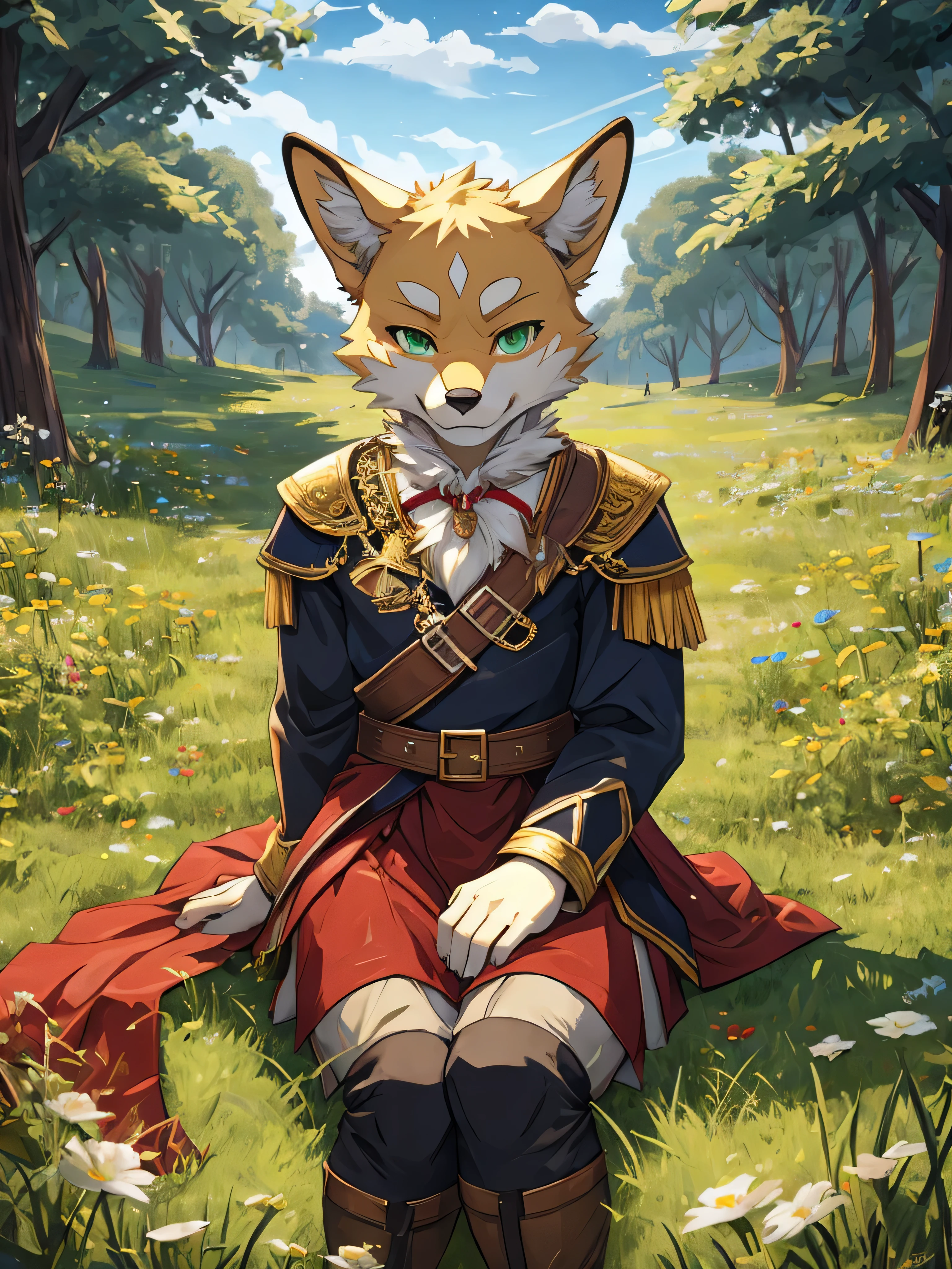 Furry,solo,golden breed dog,white fur,green eyes,Muscular 1.4,Tilt your head slightly 1.5,Wearing a medieval soldier's uniform,He was sitting in the meadow.,high angle view,Gold comes straight at the viewer.,Evening,sparkling eyes,seductive eyes,The best details,HDR,8k