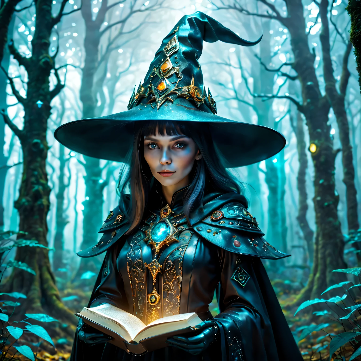 Futuristic robot witch in the enchanted forest、(witch hat)、cybernetic enhancement、(Mechanical edge structure、cloak,upper body portrait,Create a mysterious and charming atmosphere,Glittering symbols and runes、Sparkling magic gemstones、sparkling magic book、mist、strong color palette,(best quality,4K,8k,masterpiece:1.2),Super detailed,(lifelike,照片lifelike,The photos are real:1.37),human development report,ultra high definition,studio lighting,Super beautiful paintings,clear focus,Physically based rendering,extremely detailed description,main,bright colors