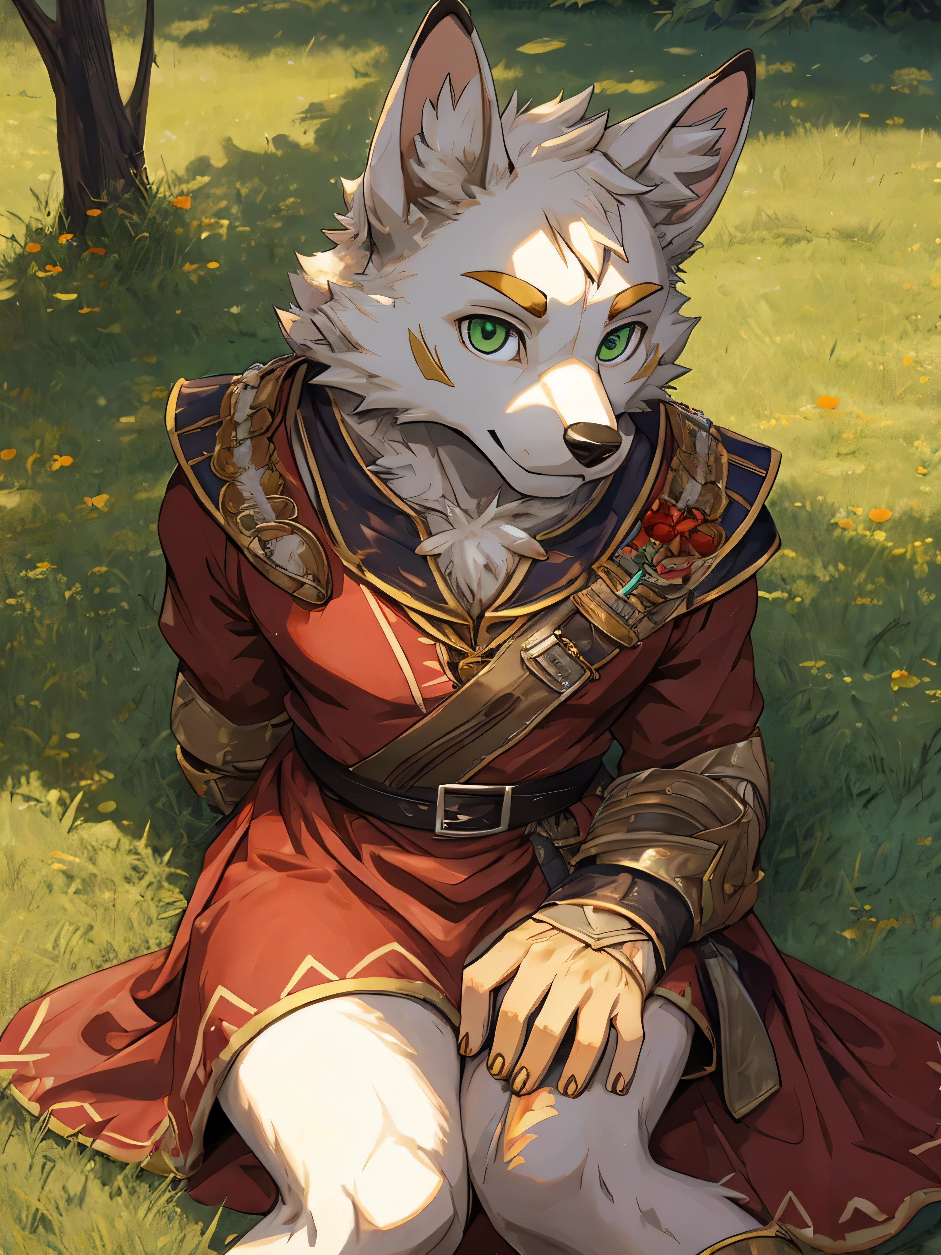 Furry,solo,golden breed dog,white fur,green eyes,Muscular 1.4,Tilt your head slightly 1.5,Wearing a medieval soldier's uniform,He was sitting in the meadow.,high angle view,Gold comes straight at the viewer.,Evening,sparkling eyes,seductive eyes,The best details,HDR,8k