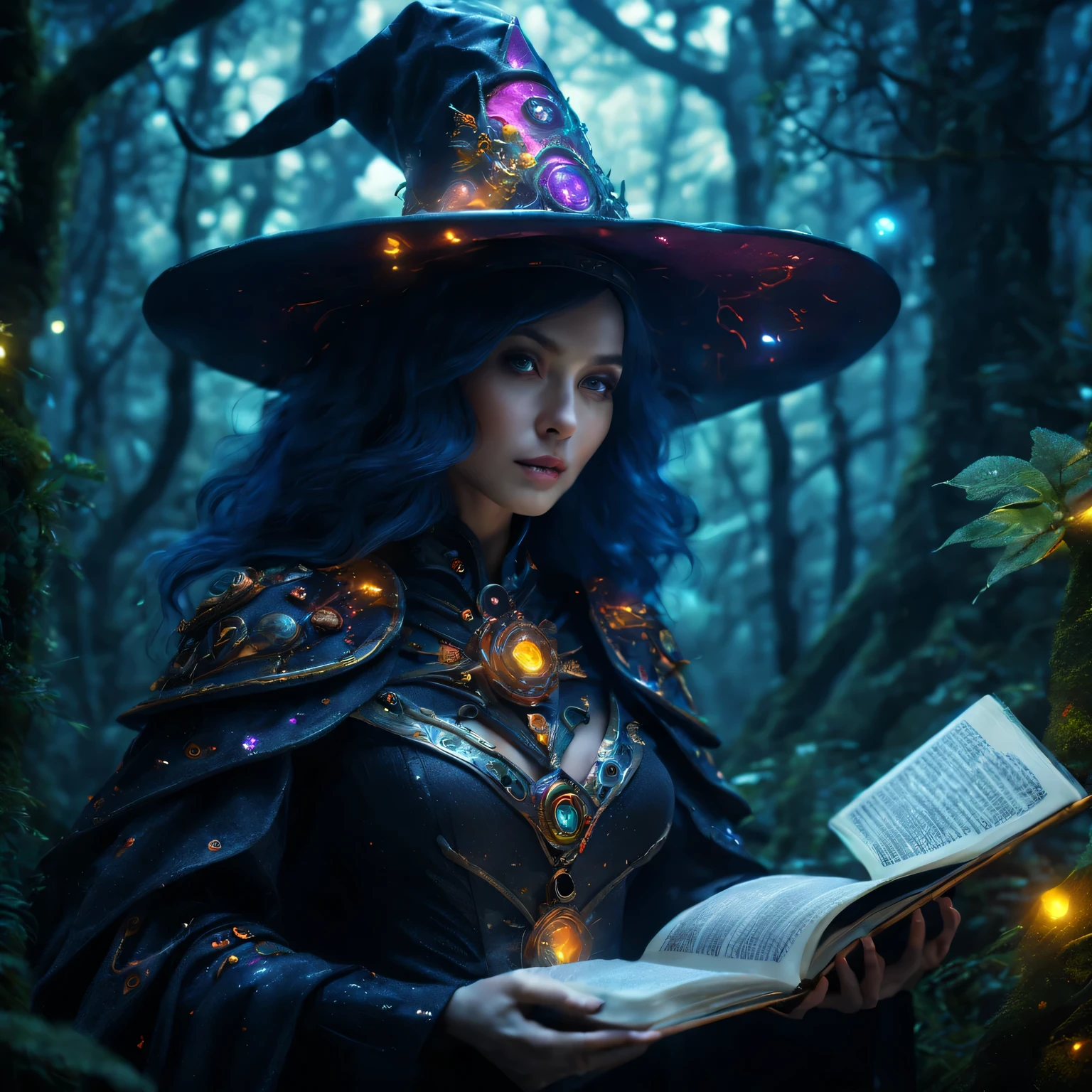Futuristic robot witch in the enchanted forest、(witch hat)、cybernetic enhancement、(Mechanical edge structure、cloak,upper body portrait,Create a mysterious and charming atmosphere,Glittering symbols and runes、Sparkling magic gemstones、sparkling magic book、mist、strong color palette,(best quality,4K,8k,masterpiece:1.2),Super detailed,(lifelike,照片lifelike,The photos are real:1.37),human development report,ultra high definition,studio lighting,Super beautiful paintings,clear focus,Physically based rendering,extremely detailed description,main,bright colors,Defocused,