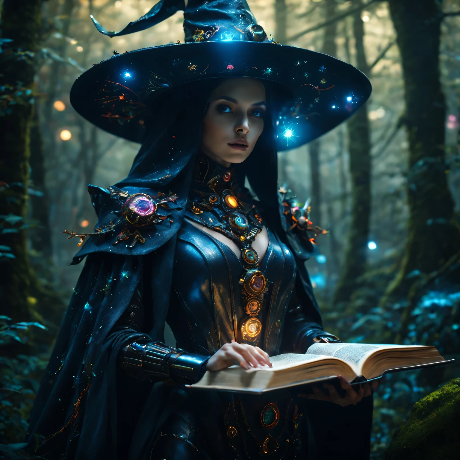 Futuristic robot witch in the enchanted forest、(witch hat)、cybernetic enhancement、(Mechanical edge structure、cloak,upper body portrait,Create a mysterious and charming atmosphere,Glittering symbols and runes、Sparkling magic gemstones、sparkling magic book、mist、strong color palette,(best quality,4K,8k,masterpiece:1.2),Super detailed,(lifelike,照片lifelike,The photos are real:1.37),human development report,ultra high definition,studio lighting,Super beautiful paintings,clear focus,Physically based rendering,extremely detailed description,main,bright colors,Defocused,