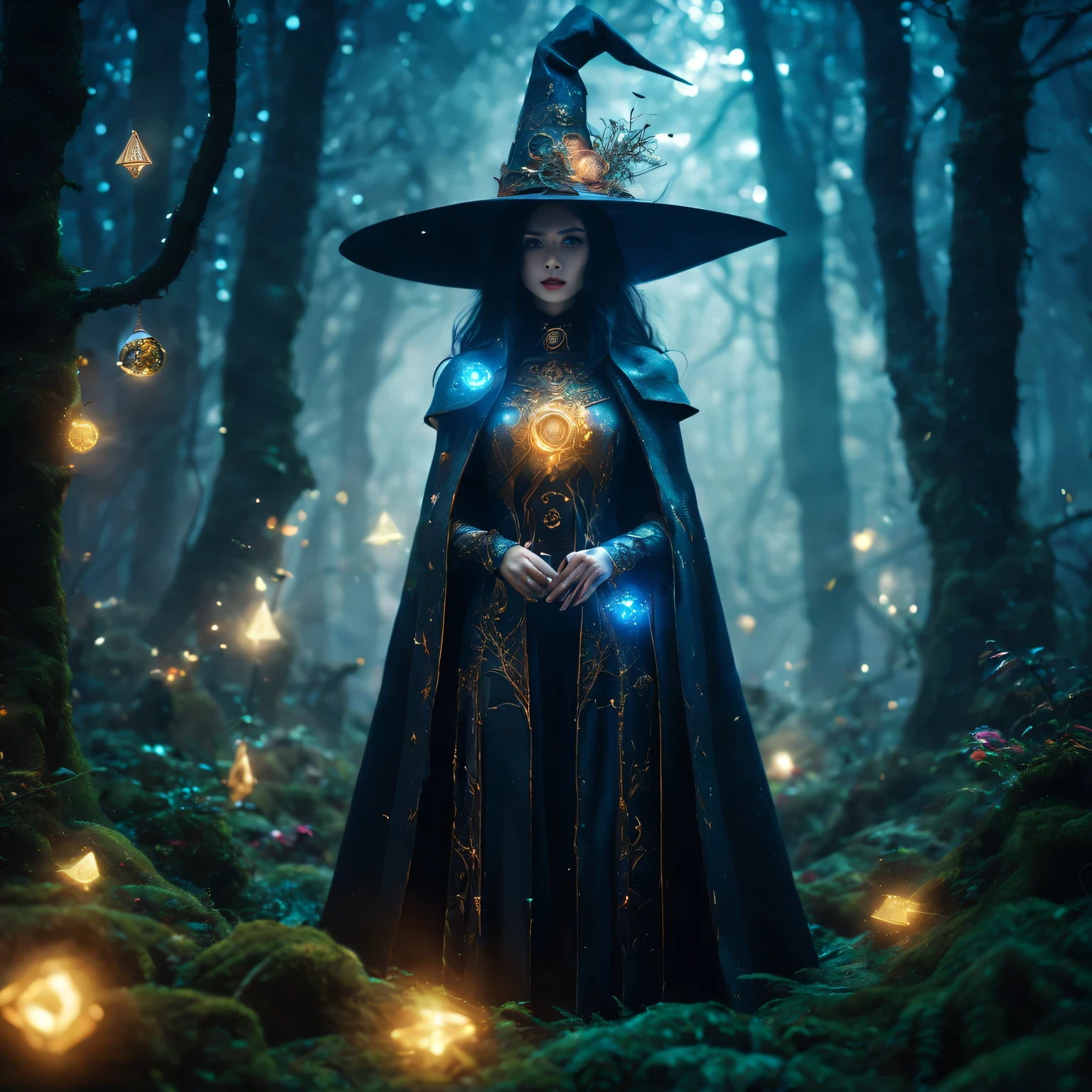 Futuristic robot witch in the enchanted forest、(witch hat)、cybernetic enhancement、(Mechanical edge structure、cloak,upper body portrait,Create a mysterious and charming atmosphere,Glittering symbols and runes、Sparkling magic gemstones、sparkling magic book、mist、strong color palette,(best quality,4K,8k,masterpiece:1.2),Super detailed,(lifelike,照片lifelike,The photos are real:1.37),human development report,ultra high definition,studio lighting,Super beautiful paintings,clear focus,Physically based rendering,extremely detailed description,main,bright colors,Defocused,
