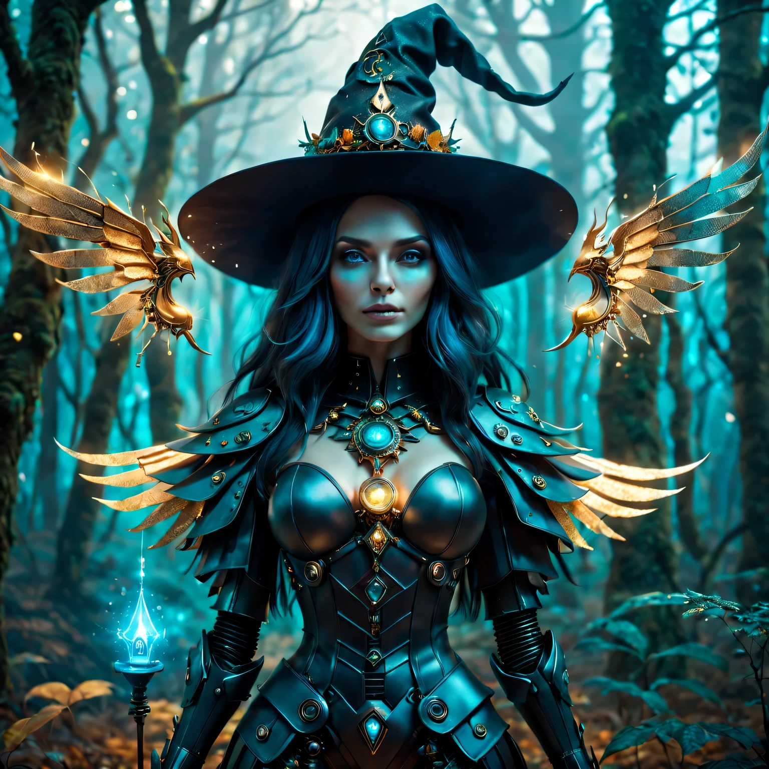 Futuristic robot witch in the enchanted forest、(witch hat)、cybernetic enhancement、(Mechanical edge structure、upper body portrait,Create a mysterious and charming atmosphere,Sparkling wings、Glittering symbols and runes、sparkling magic book、mist、strong color palette,(best quality,4K,8k,masterpiece:1.2),Super detailed,(lifelike,照片lifelike,The photos are real:1.37),human development report,ultra high definition,studio lighting,Super beautiful paintings,clear focus,Physically based rendering,extremely detailed description,main,bright colors,Defocused,