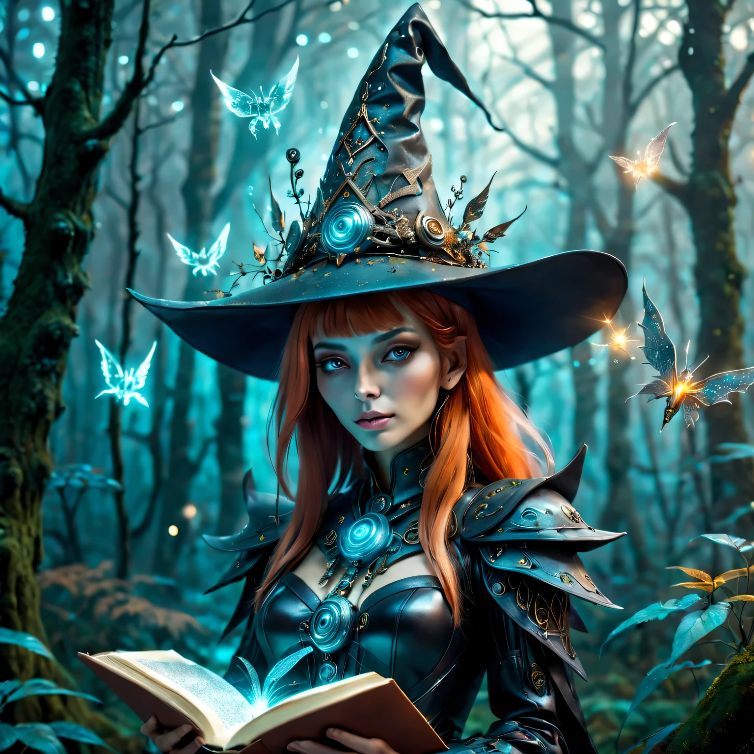 Futuristic robot witch in the enchanted forest、(witch hat)、cybernetic enhancement、(Mechanical edge structure、upper body portrait,Create a mysterious and charming atmosphere,Sparkling wings、Glittering symbols and runes、sparkling magic book、mist、strong color palette,(best quality,4K,8k,masterpiece:1.2),Super detailed,(lifelike,照片lifelike,The photos are real:1.37),human development report,ultra high definition,studio lighting,Super beautiful paintings,clear focus,Physically based rendering,extremely detailed description,main,bright colors,Defocused,