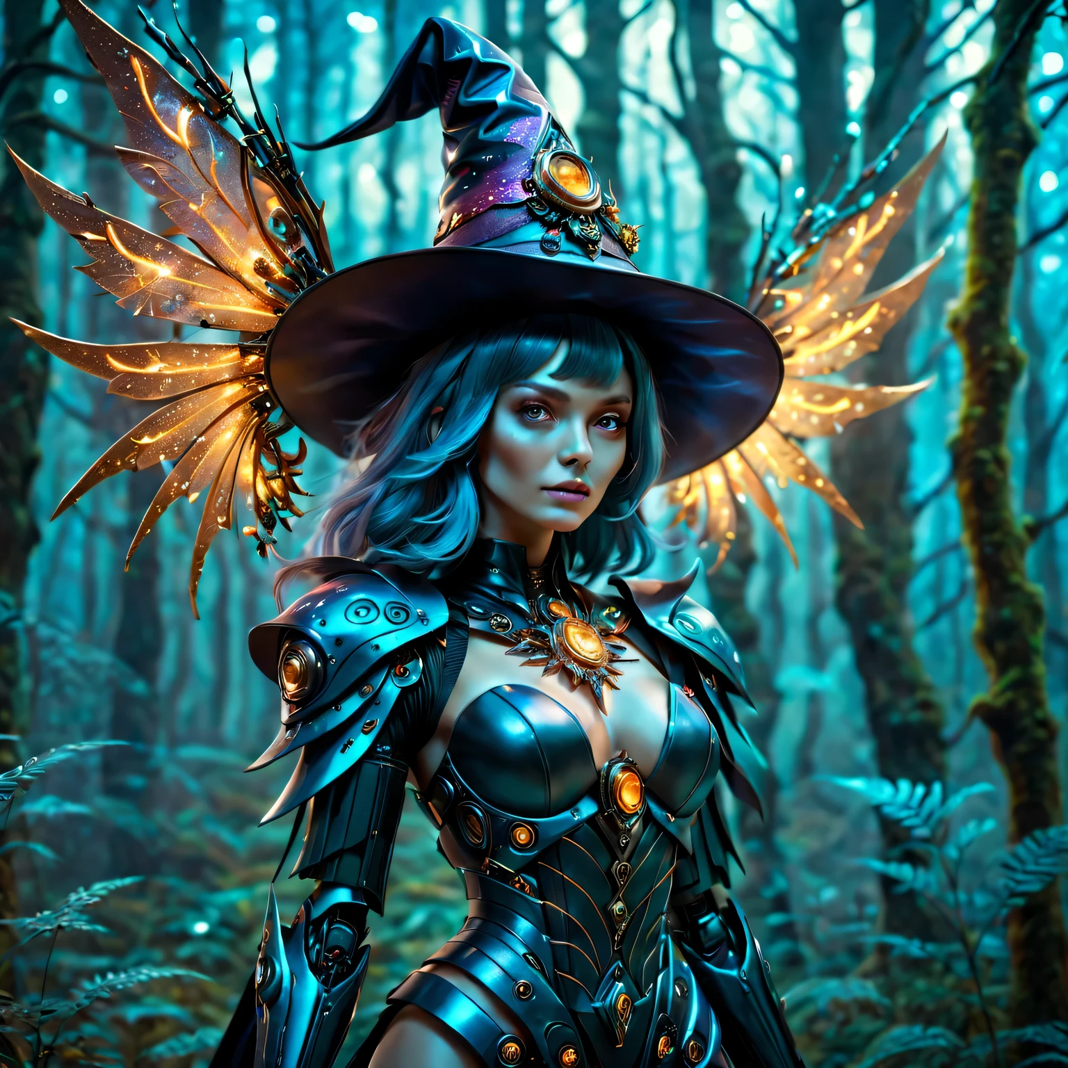 Futuristic robot witch in the enchanted forest、(witch hat)、cybernetic enhancement、(Mechanical edge structure、upper body portrait,Create a mysterious and charming atmosphere,Sparkling wings、Glittering symbols and runeissed the sparkling magic、strong color palette,(best quality,4K,8k,masterpiece:1.2),Super detailed,(lifelike,照片lifelike,The photos are real:1.37),human development report,ultra high definition,studio lighting,Super beautiful paintings,clear focus,Physically based rendering,extremely detailed description,main,bright colors,Defocused,