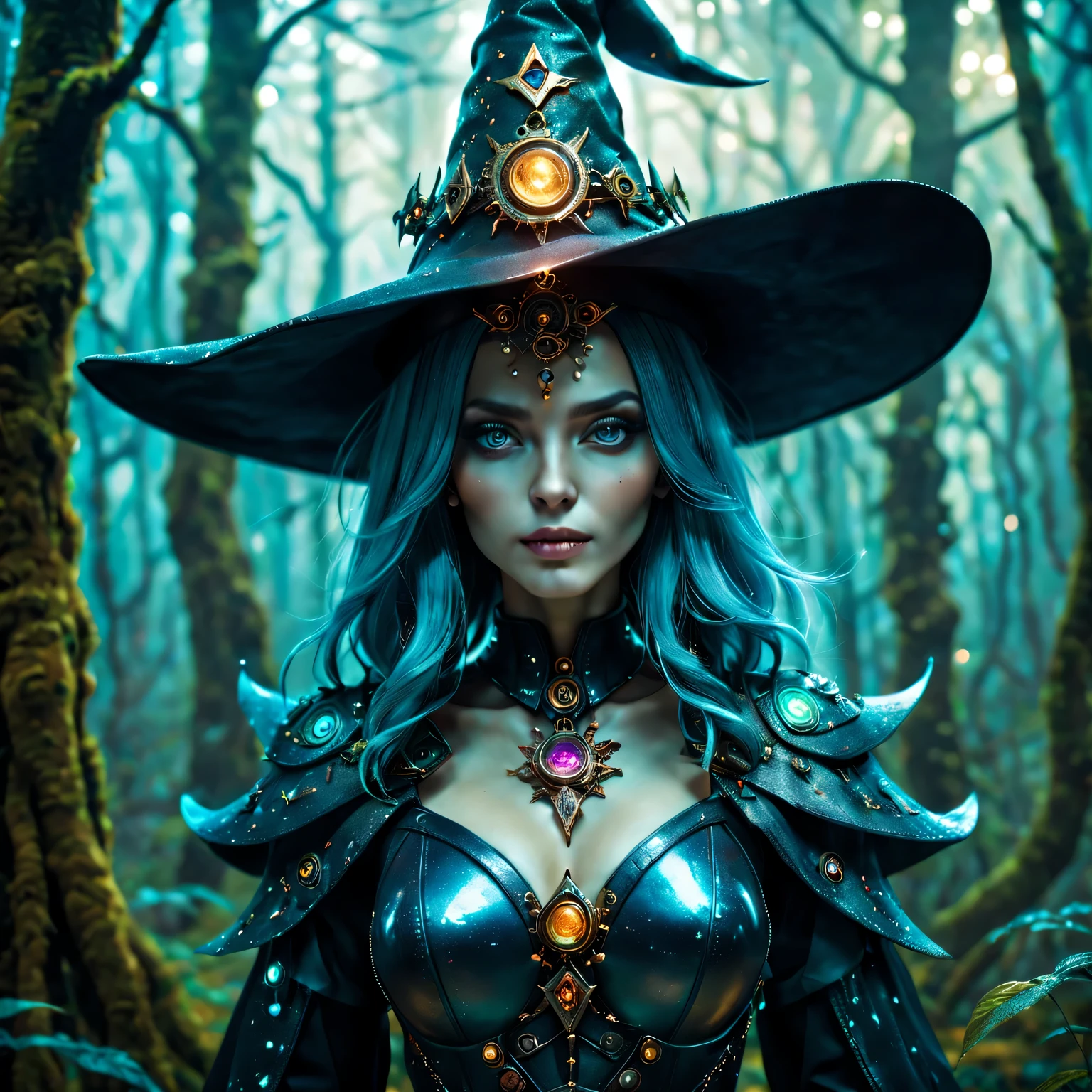 Futuristic robot witch in the enchanted forest、(witch hat)、cybernetic enhancement、(Mechanical edge structure、upper body portrait,Create a mysterious and charming atmosphere,Glittering symbols and runes、shimmering particles、sparkling mist、strong color palette,(best quality,4K,8k,masterpiece:1.2),Super detailed,(lifelike,照片lifelike,The photos are real:1.37),human development report,ultra high definition,studio lighting,Super beautiful paintings,clear focus,Physically based rendering,extremely detailed description,main,bright colors,Defocused,