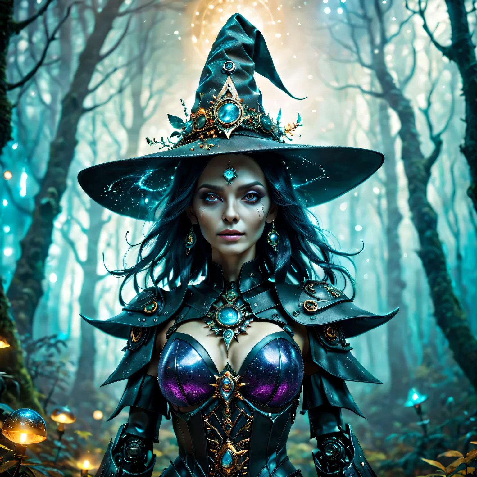 Futuristic robot witch in the enchanted forest、(witch hat)、cybernetic enhancement、(Mechanical edge structure、upper body portrait，Create a mysterious and charming atmosphere，Glittering symbols and runes、shimmering particles、sparkling mist、strong color palette，（best quality，4K，8k，masterpiece：1.2），Super detailed，（lifelike，照片lifelike，The photos are real：1.37），human development report，ultra high definition，studio lighting，Super beautiful paintings，clear focus，Physically based rendering，extremely detailed description，main，bright colors，Defocused，