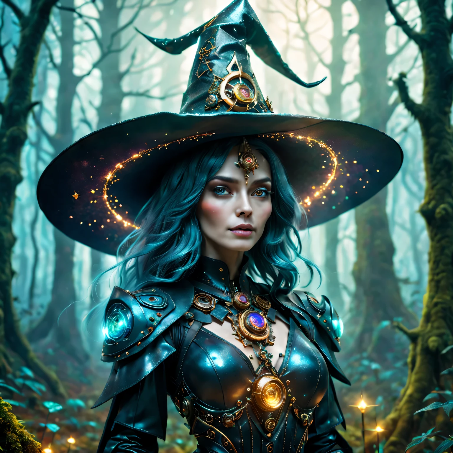 Futuristic robot witch in the enchanted forest、(witch hat)、cybernetic enhancement、(Mechanical edge structure、upper body portrait，Create a mysterious and charming atmosphere，Glittering symbols and runes、shimmering particles、sparkling mist、strong color palette，（best quality，4K，8k，masterpiece：1.2），Super detailed，（lifelike，照片lifelike，The photos are real：1.37），human development report，ultra high definition，studio lighting，Super beautiful paintings，clear focus，Physically based rendering，extremely detailed description，main，bright colors，Defocused，