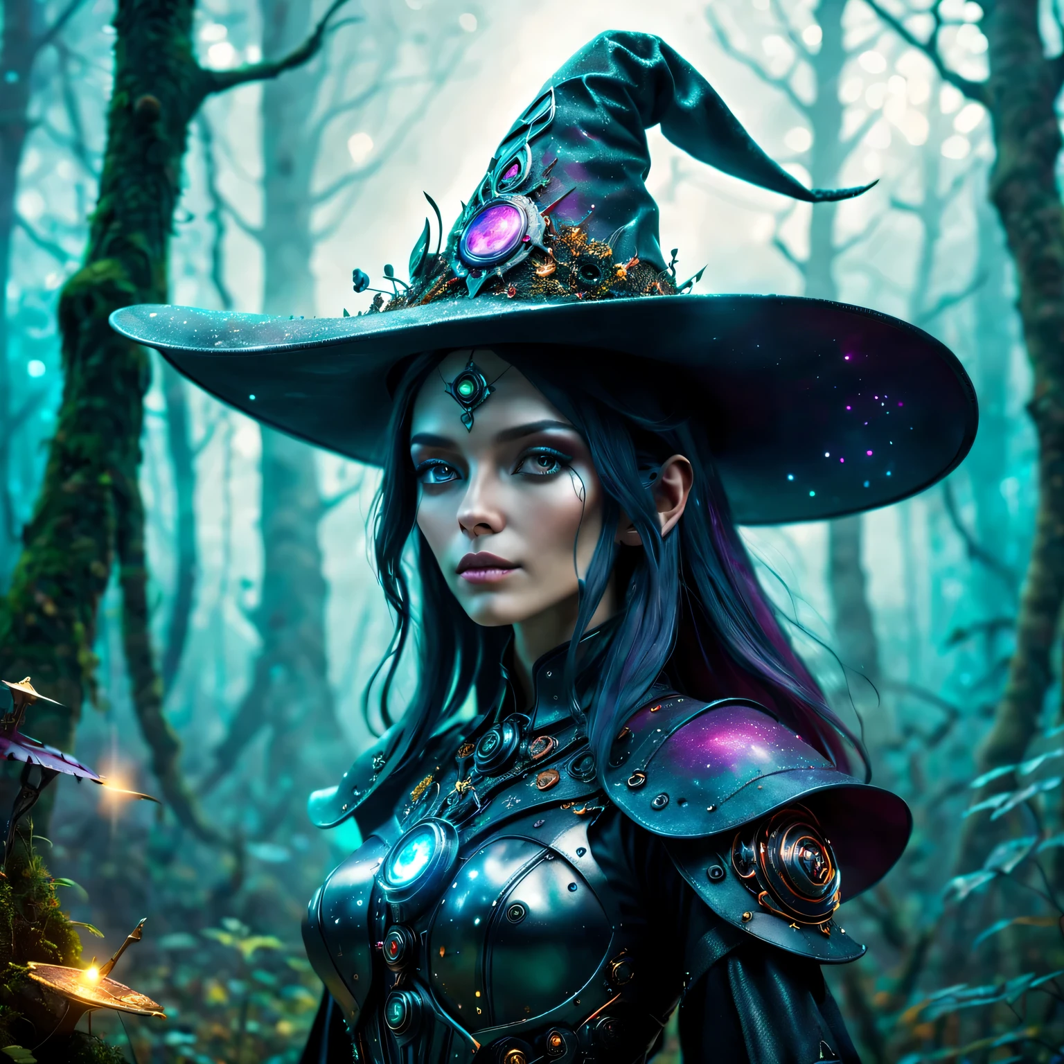 Futuristic robot witch in the enchanted forest、(witch hat)、cybernetic enhancement、(Mechanical edge structure、upper body portrait,Create a mysterious and charming atmosphere,Glittering symbols and runes、shimmering particles、sparkling mist、strong color palette,(best quality,4K,8k,masterpiece:1.2),Super detailed,(lifelike,照片lifelike,The photos are real:1.37),human development report,ultra high definition,studio lighting,Super beautiful paintings,clear focus,Physically based rendering,extremely detailed description,main,bright colors,Defocused,