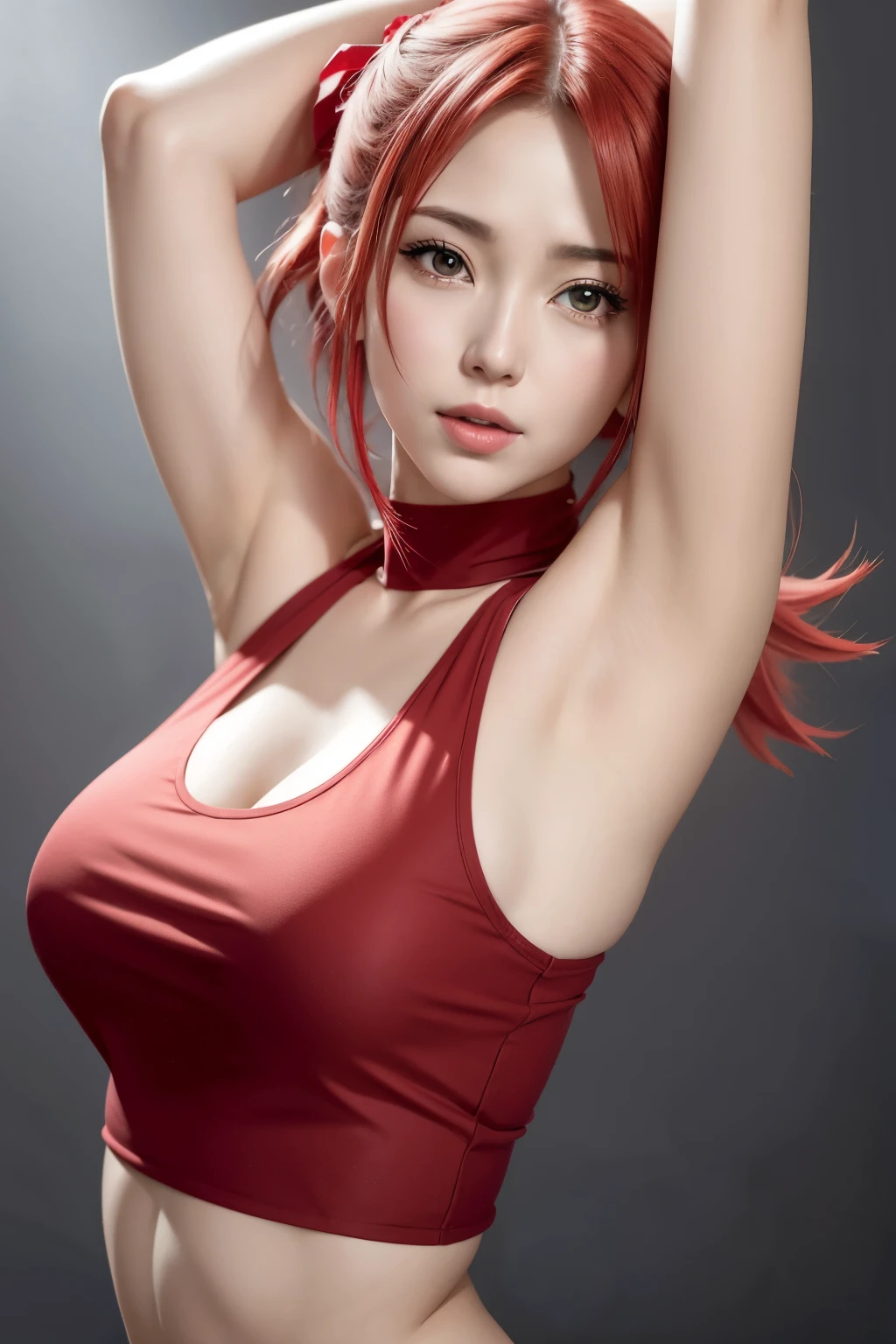 sakura from naruto shippuden anime, red sleeveless top, arm up in the air, UHD underarms, UHD armpit details