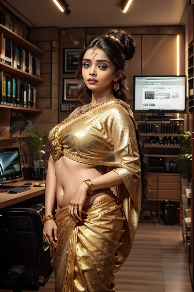 Masterpiece, a beautiful Indian woman front view, (Aishwarya Rai), (fantasy library background), (pink cotton saree with laced edges), (golden metallic shiny blouse), glasseedium breasts), perfect body, black hair, hair tied in aa loose bun, legs, (skin texture:1.1), best quality, ultra high res, (photorealistic: 1.4), Raw photo, by Ellen von Unwerth, Nikon D850 Film Stock Photography, F1.6 Lens, Rich Colors, Realistic, Cinestill 800, backlight, rimlighting, studiolighting, erotic photoshoot, from front, office meeting room background
