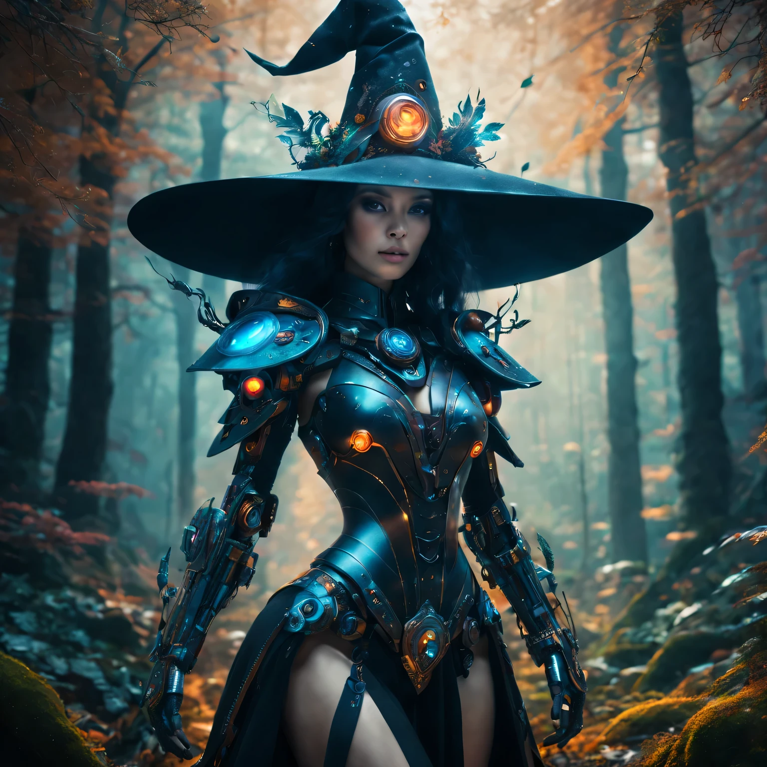 Futuristic robot witch in the enchanted forest、(witch hat)、cybernetic enhancement、(Mechanical edge structure、upper body portrait,Create a mysterious and charming atmosphere,Glittering symbols and runes、shimmering particles、sparkling mist、strong color palette,(best quality,4K,8k,masterpiece:1.2),Super detailed,(lifelike,照片lifelike,The photos are real:1.37),human development report,ultra high definition,studio lighting,Super beautiful paintings,clear focus,Physically based rendering,extremely detailed description,main,bright colors,Defocused,